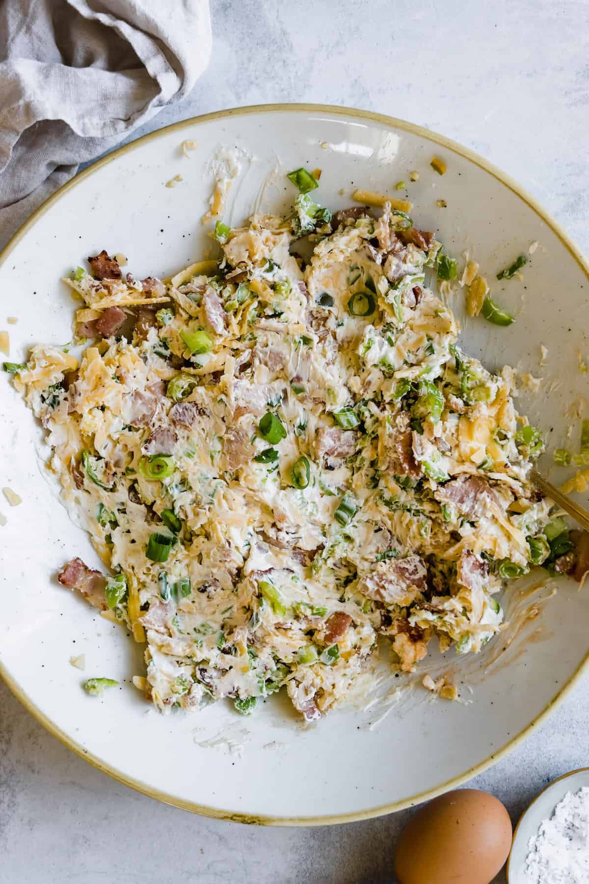 The Jalapeno Popper Mixture in an Off-White Bowl with a Tan Rim