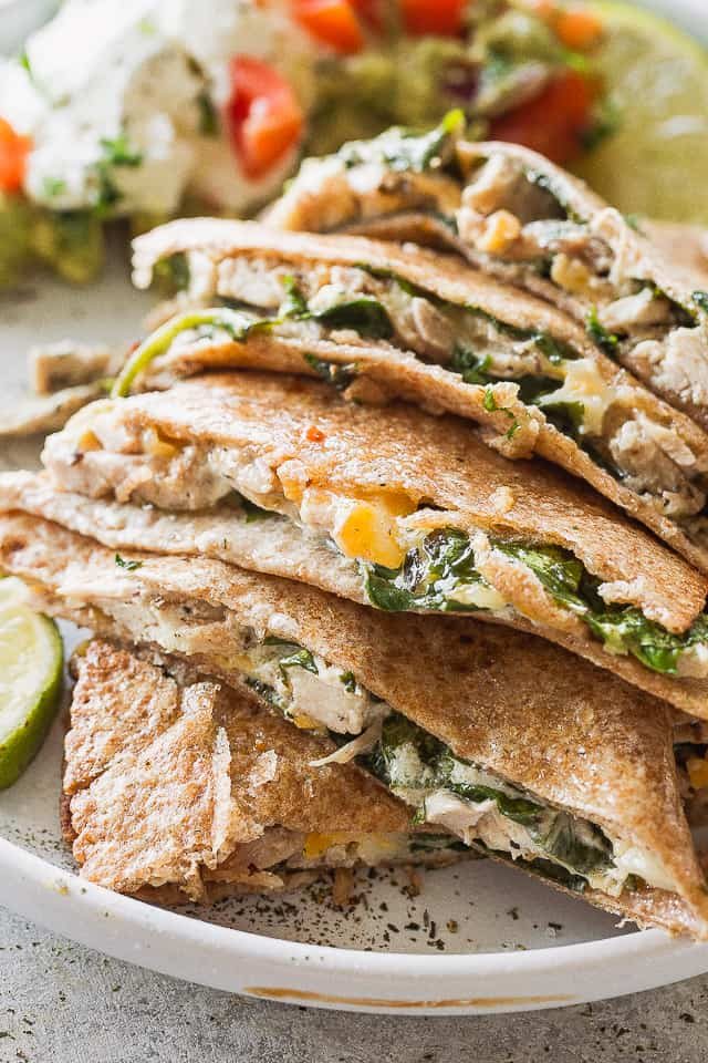 A plate of chicken quesadillas