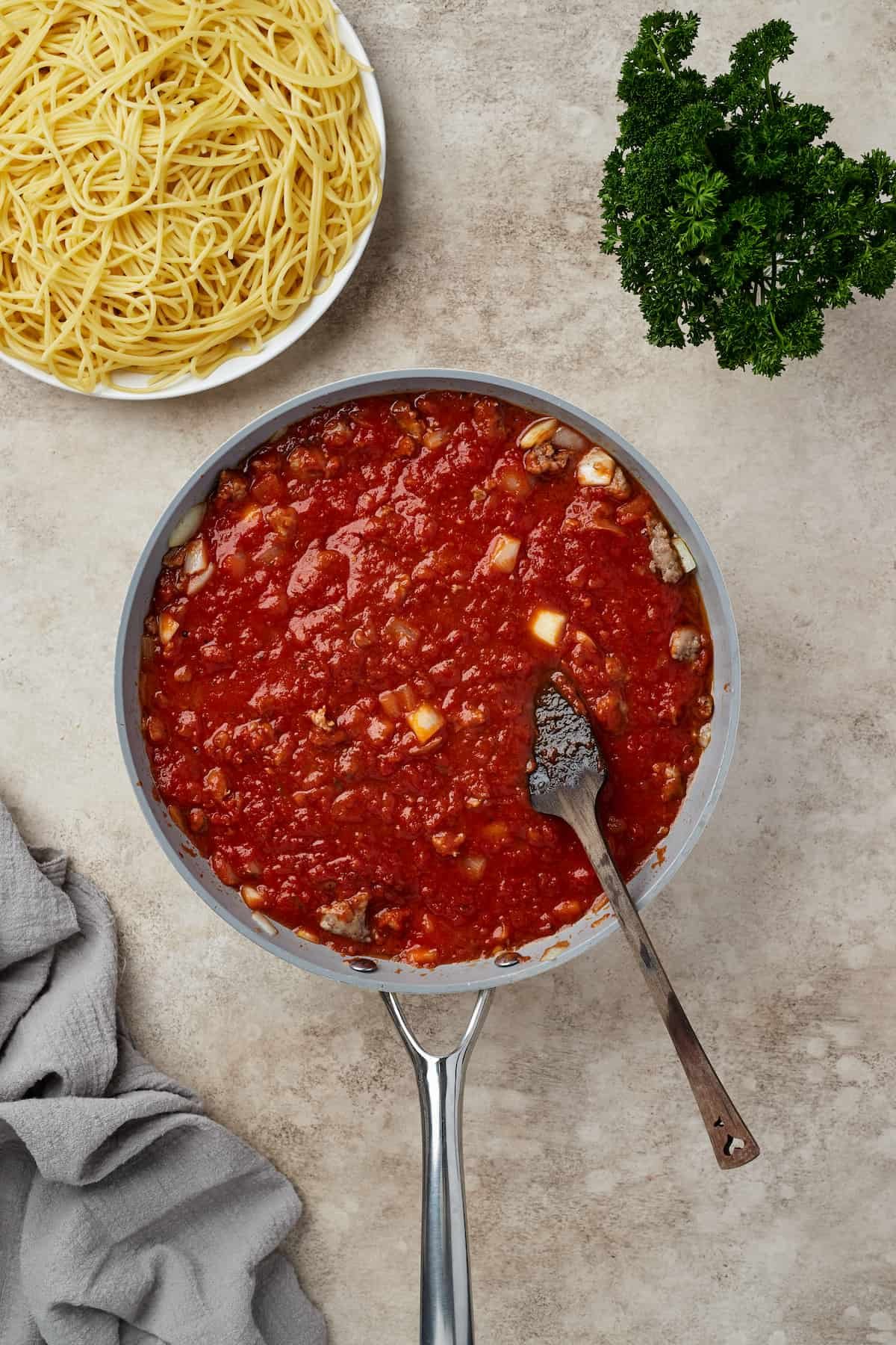 Meat sauce in a skillet.