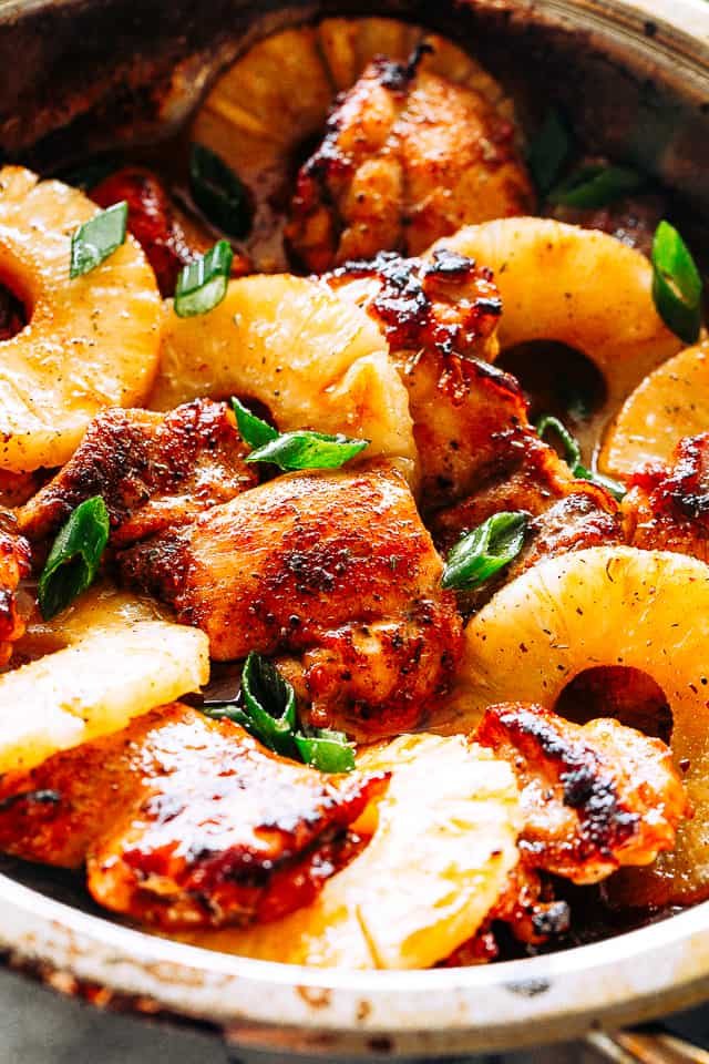 Chicken thighs finished in a pineapple BBQ sauce.