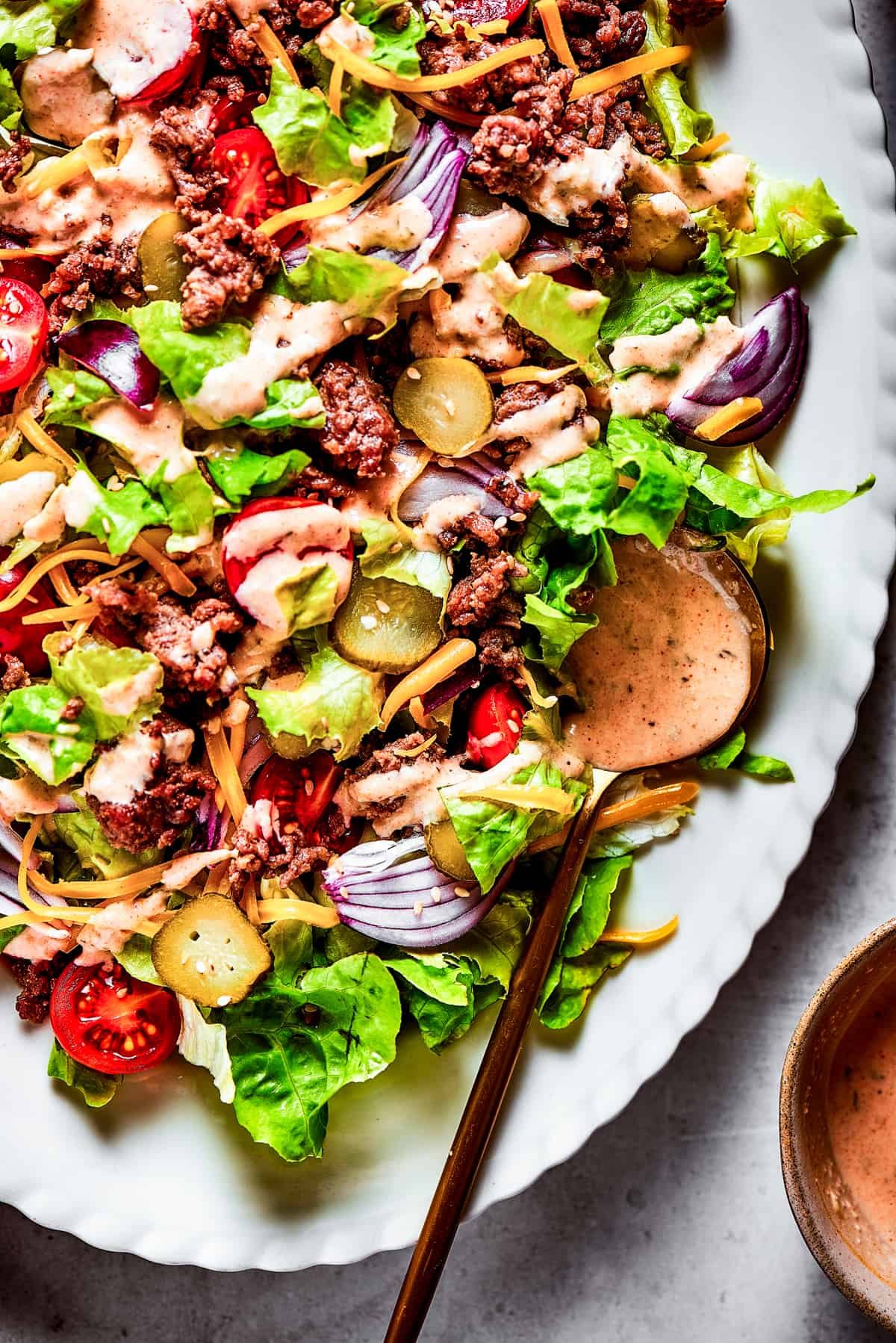 Close-up shot of Bic Mac salad, showing the textures.