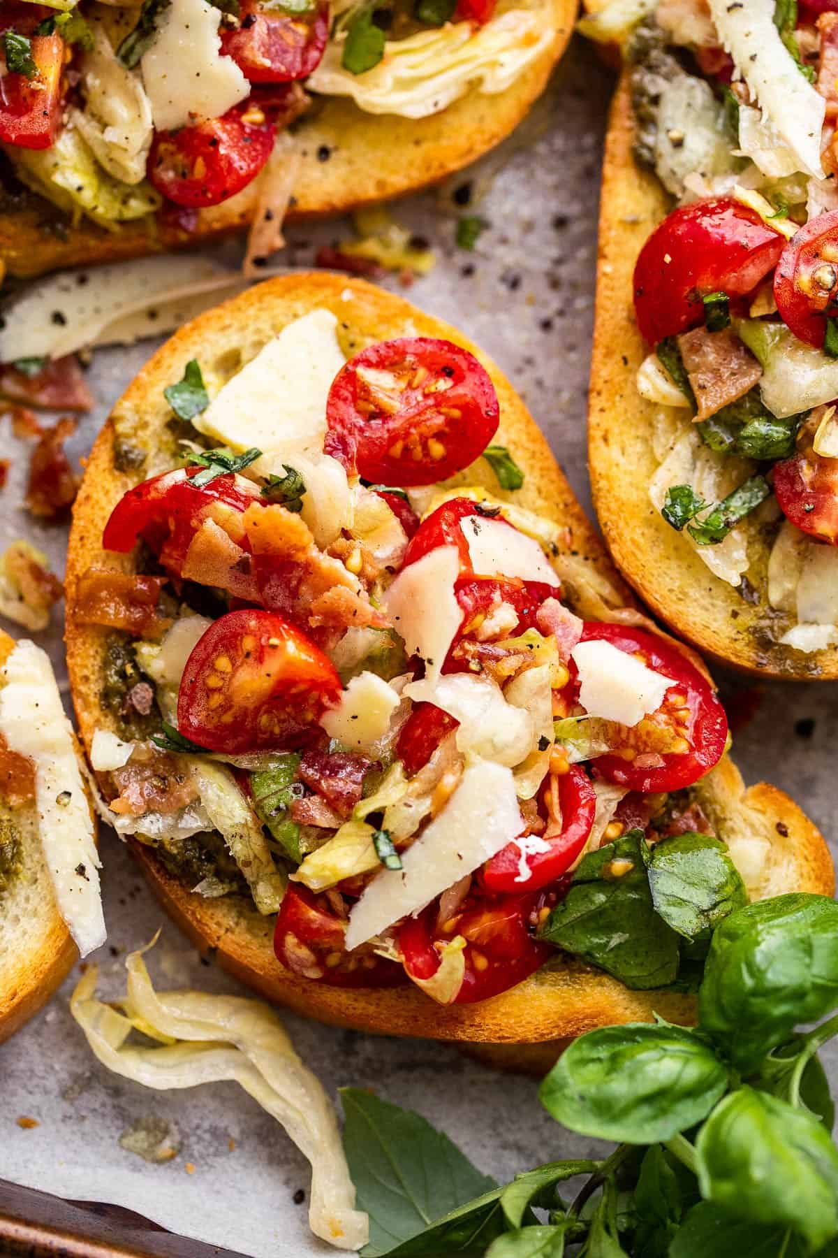 close up shot of a BLT Bruschetta bread recipe.