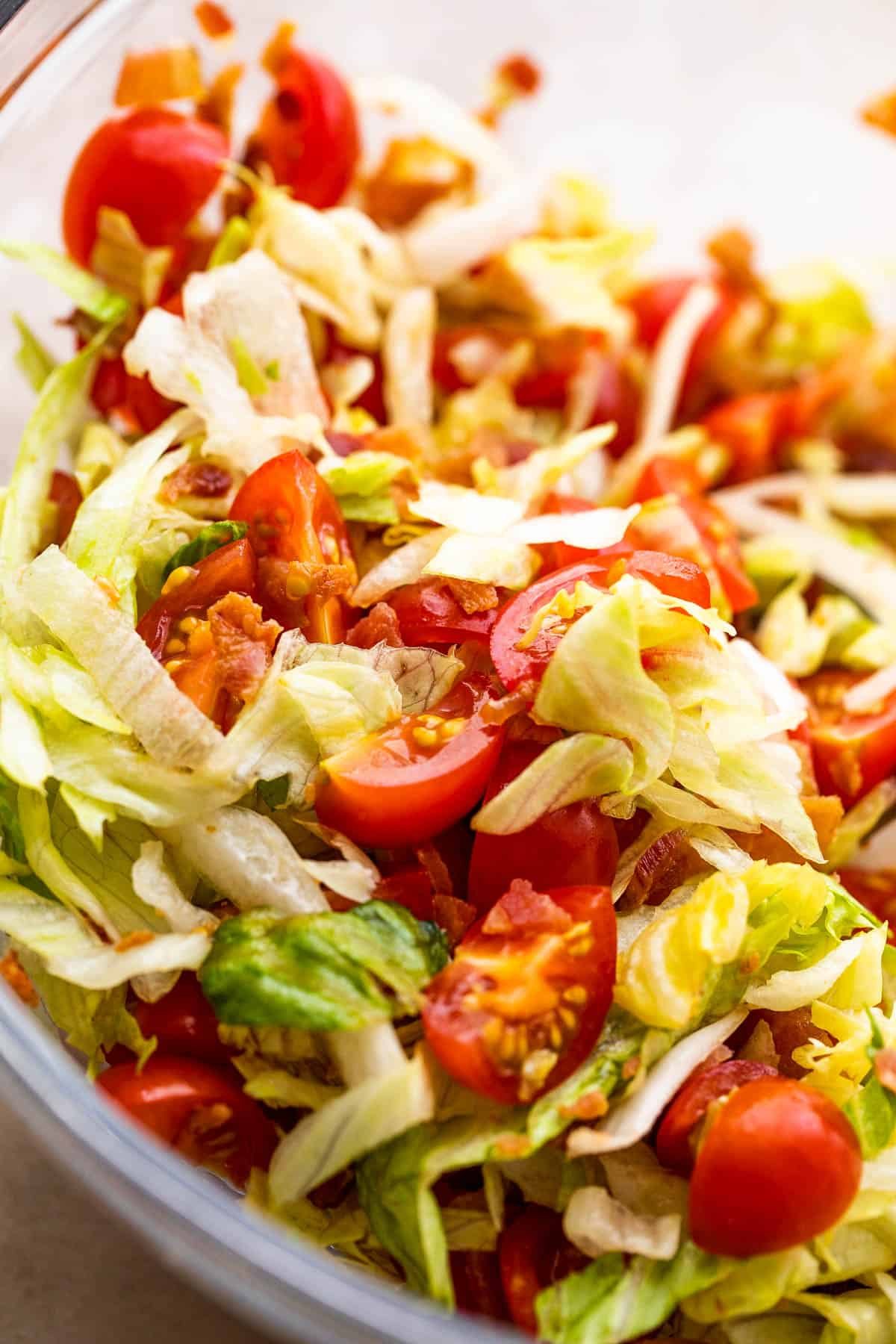bacon, lettuce, and tomato salad in a glass bowl