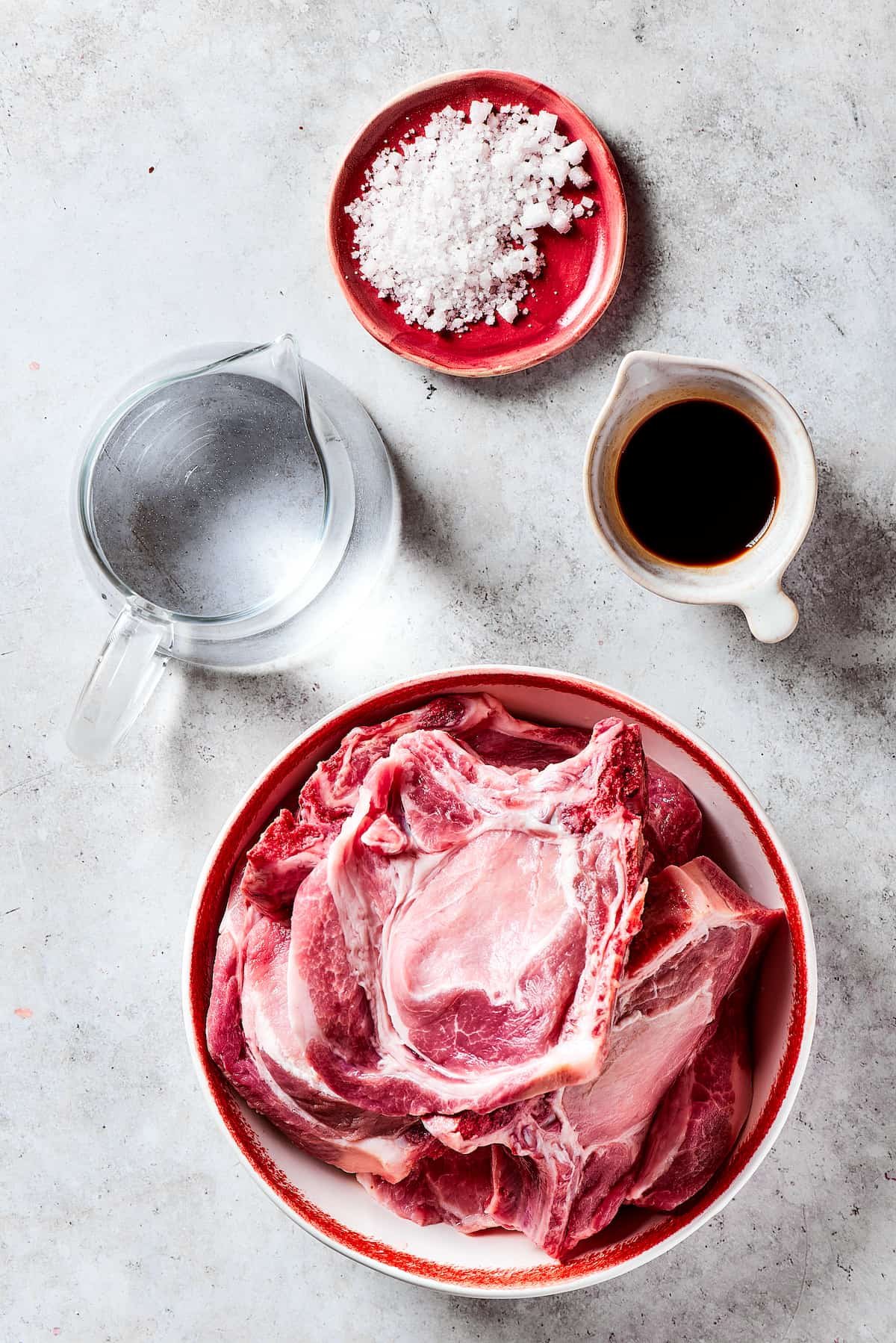 Pork chops, salt, water, and balsamic vinegar.