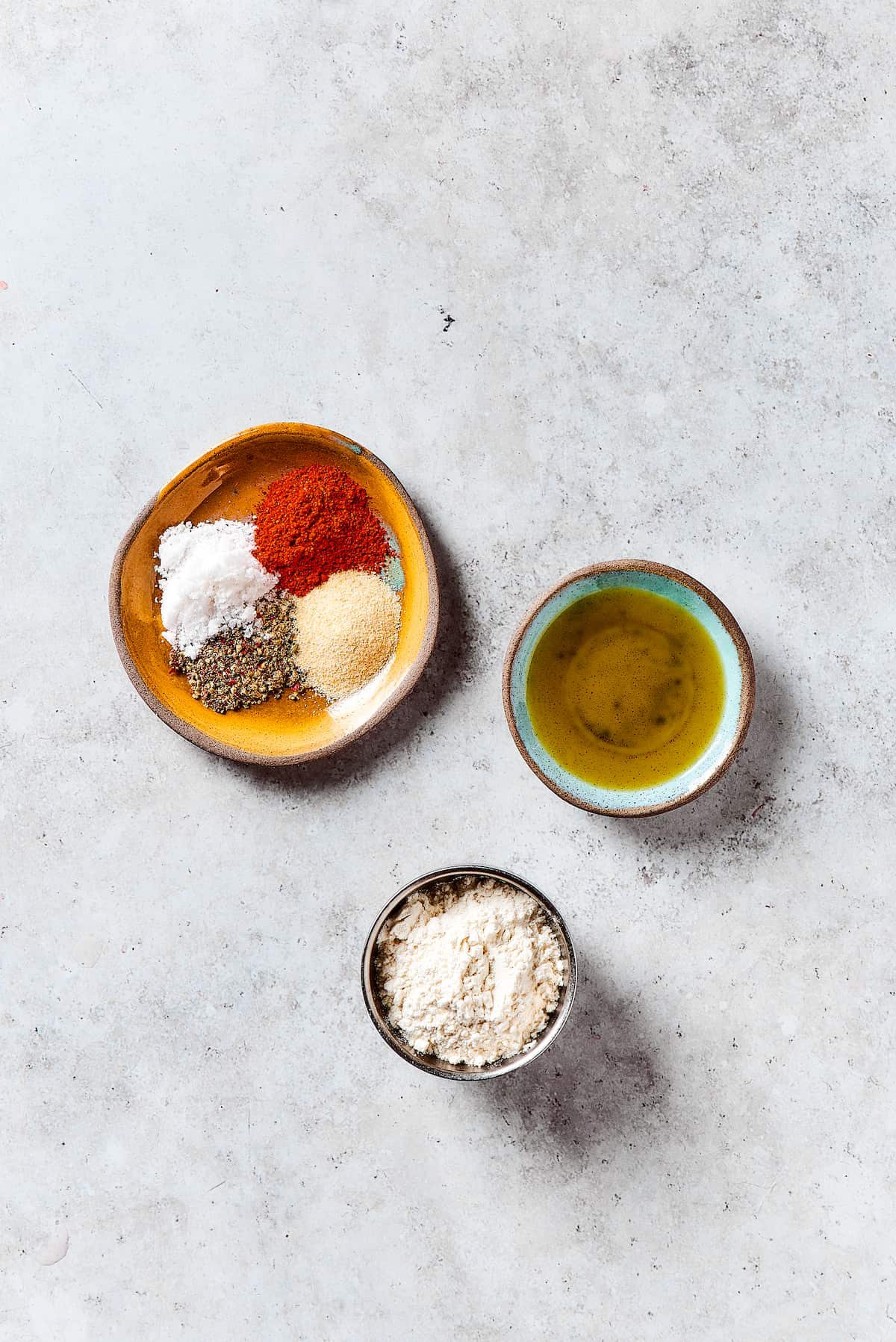 Seasonings, flour, and oil.