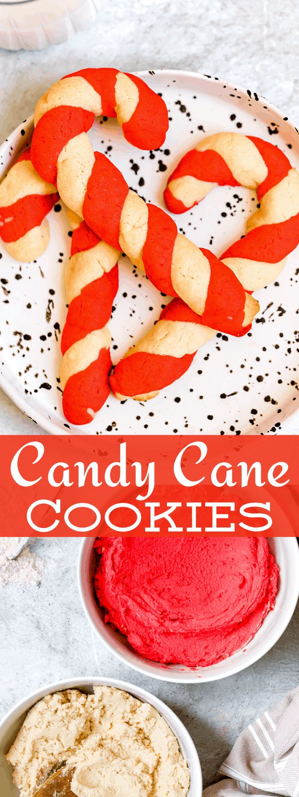 A Collage of Candy Cake Cookies and two Bowls of Red and White Cookie Dough