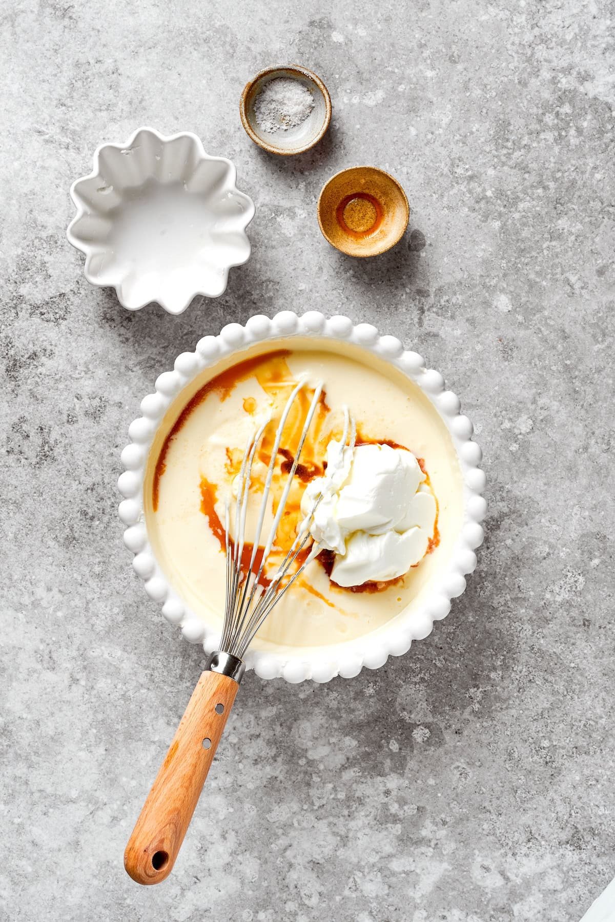 Vanilla is added to cheesecake batter.