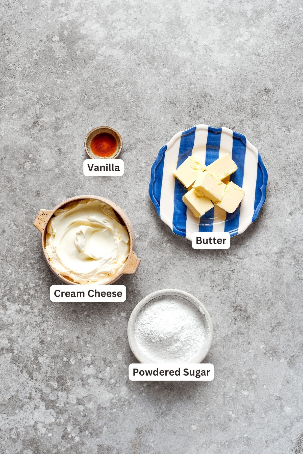 Cream cheese frosting ingredients are text-labeled.