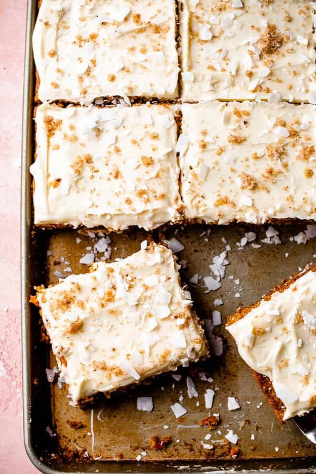 frosted carrot cake in a sheet pan