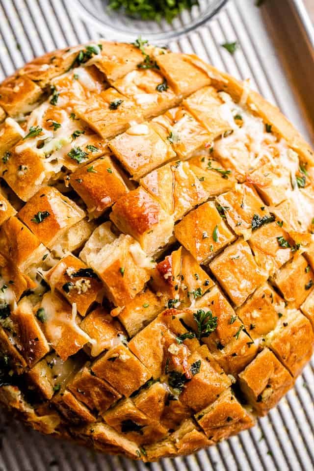 overhead shot of cheesy garlic pull apart bread