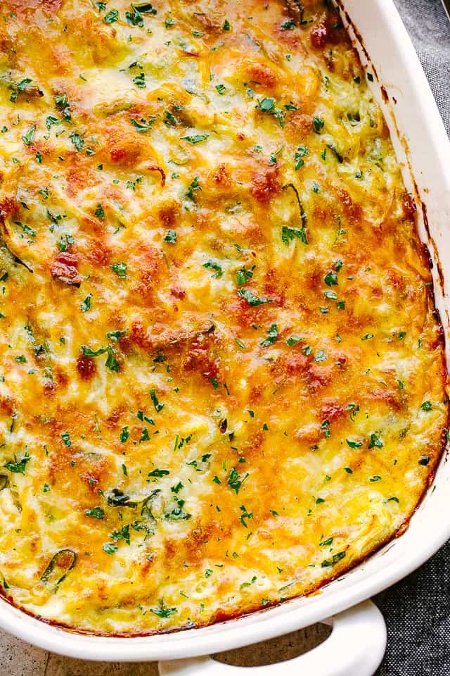 overhead close up shot of baked zucchini squash casserole