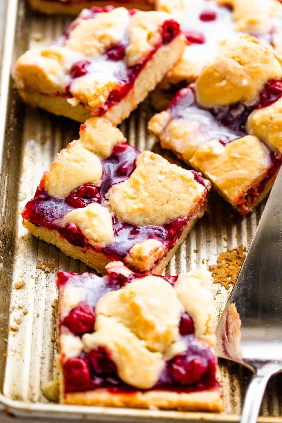 Pan of Cherry Kuchen Bars Topped with Glaze