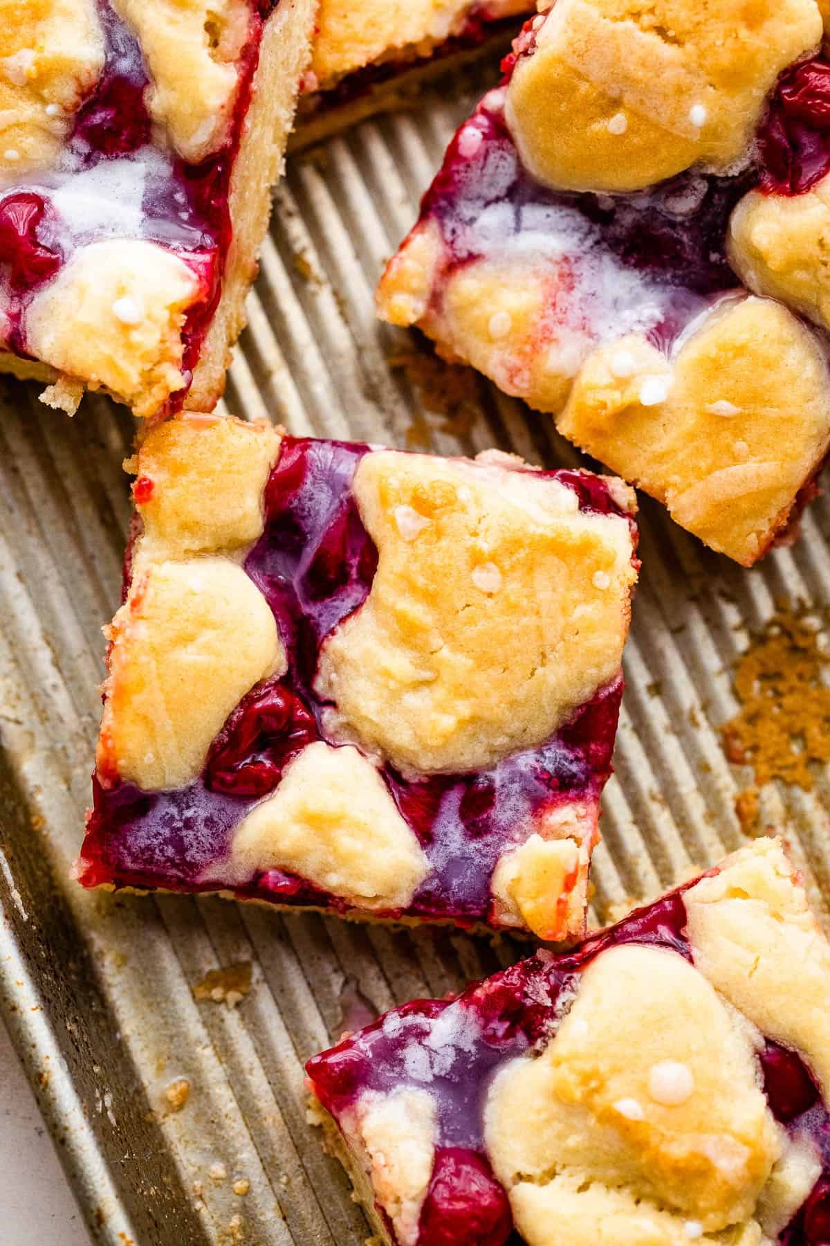Pan of Cherry Kuchen Bars Topped with Glaze