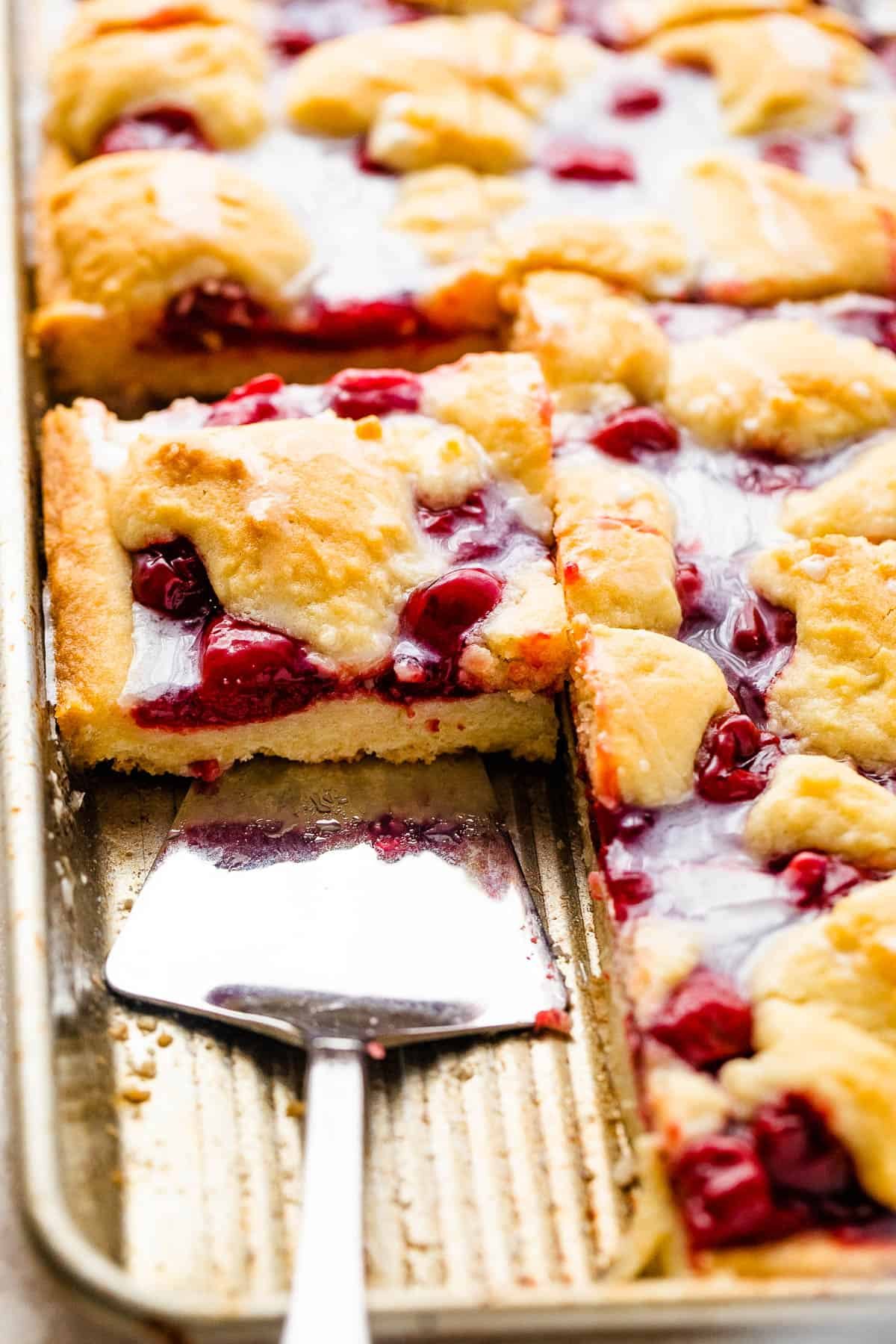 Cherry Kuchen Bars Topped with Glaze