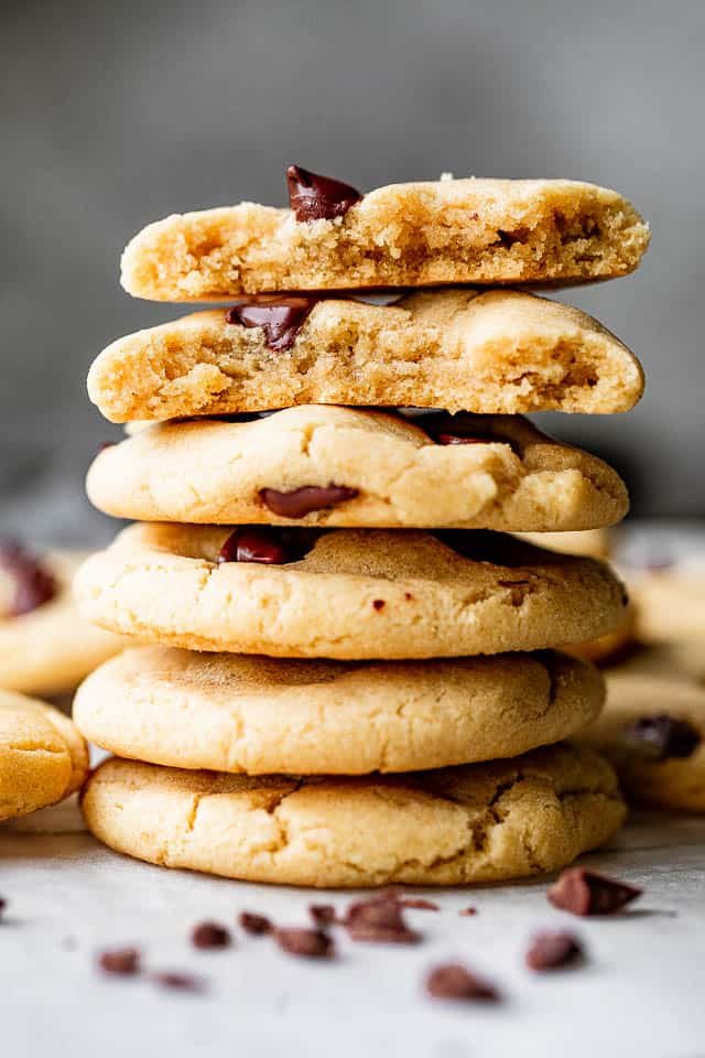 A small stack of chocolate chip cookies.