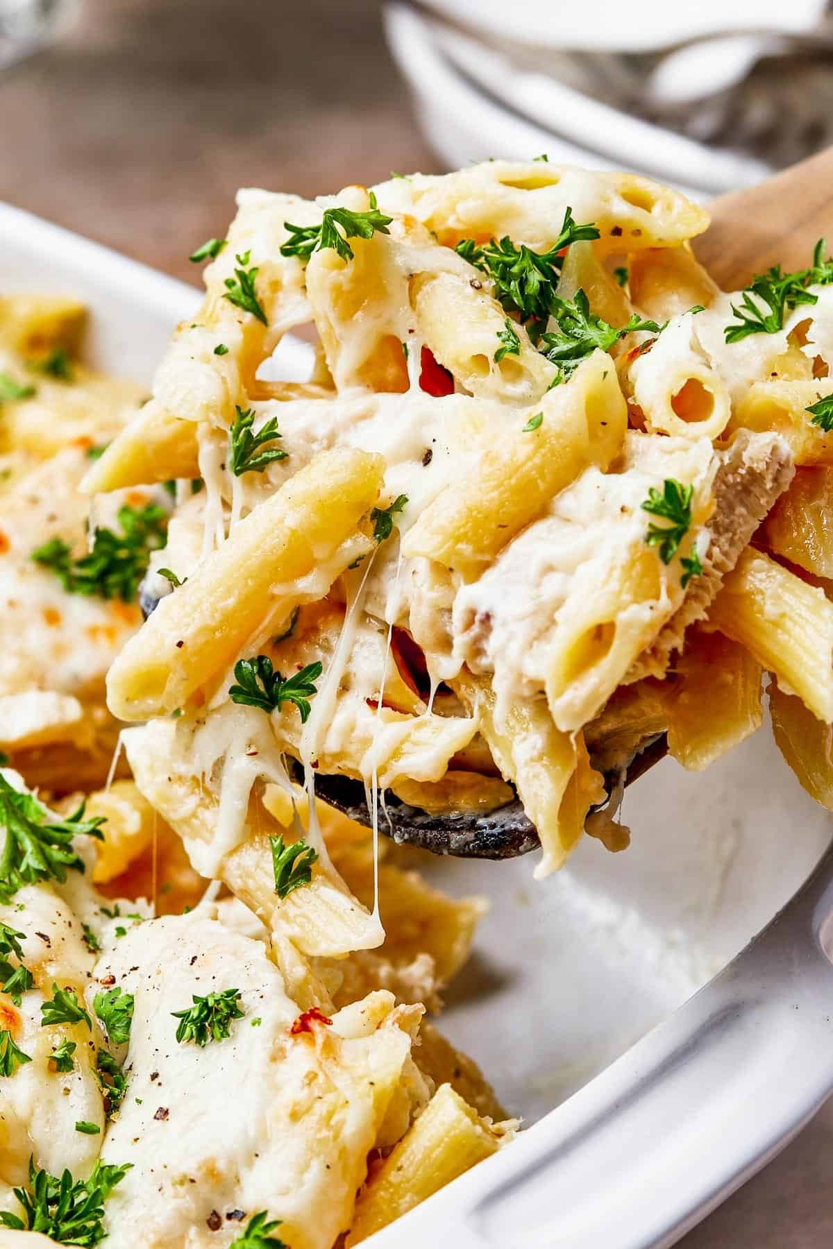 close up shot of chicken alfredo pasta being scooped out of a casserole dish.
