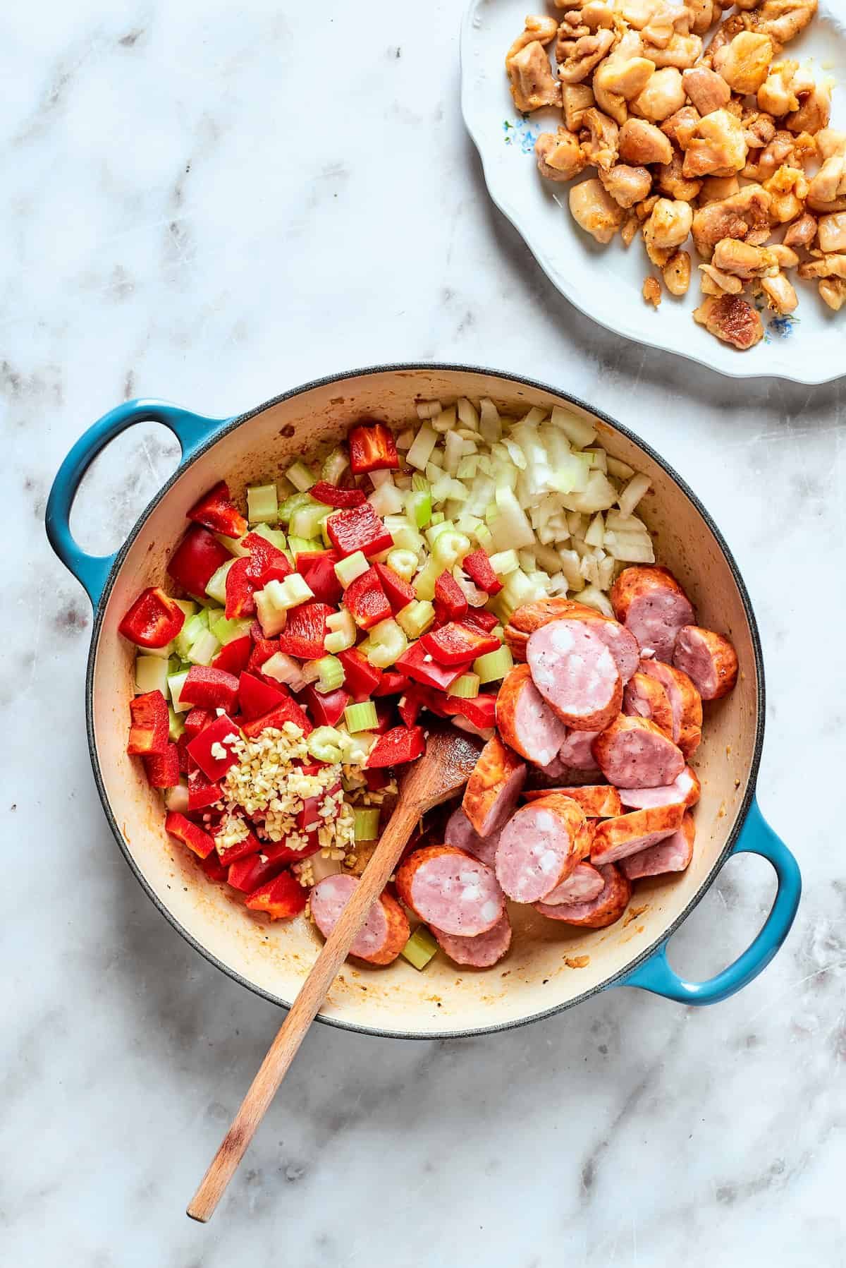 The rest of the jambalaya ingredients are added in.
