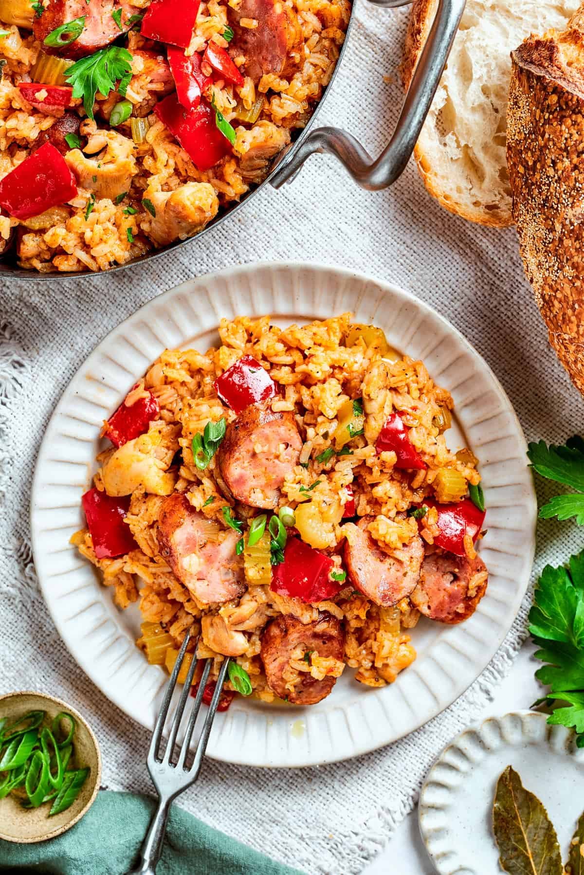Jambalaya served on a dinner plate.