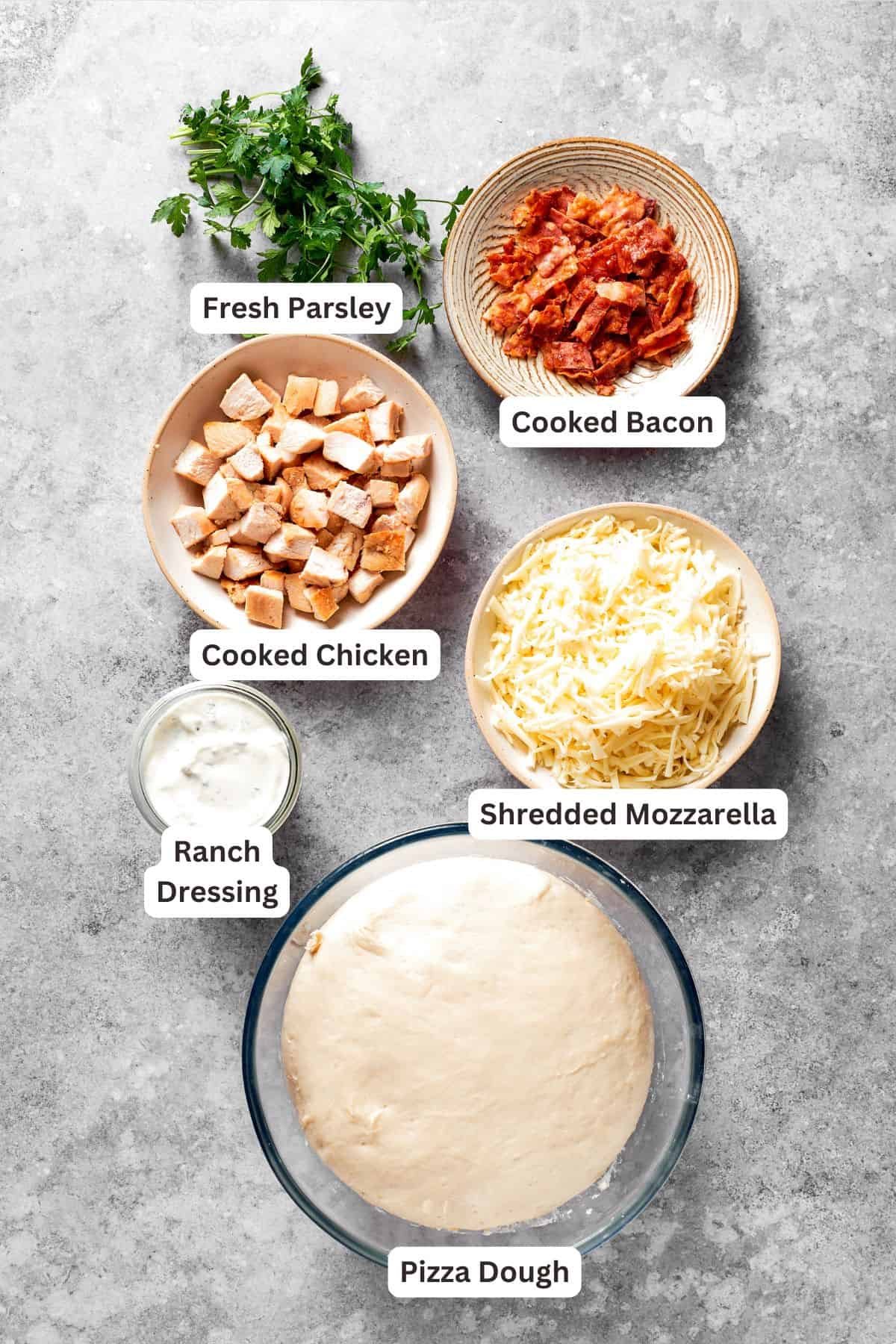 Ingredients for chicken bacon ranch pizza are text-labeled.