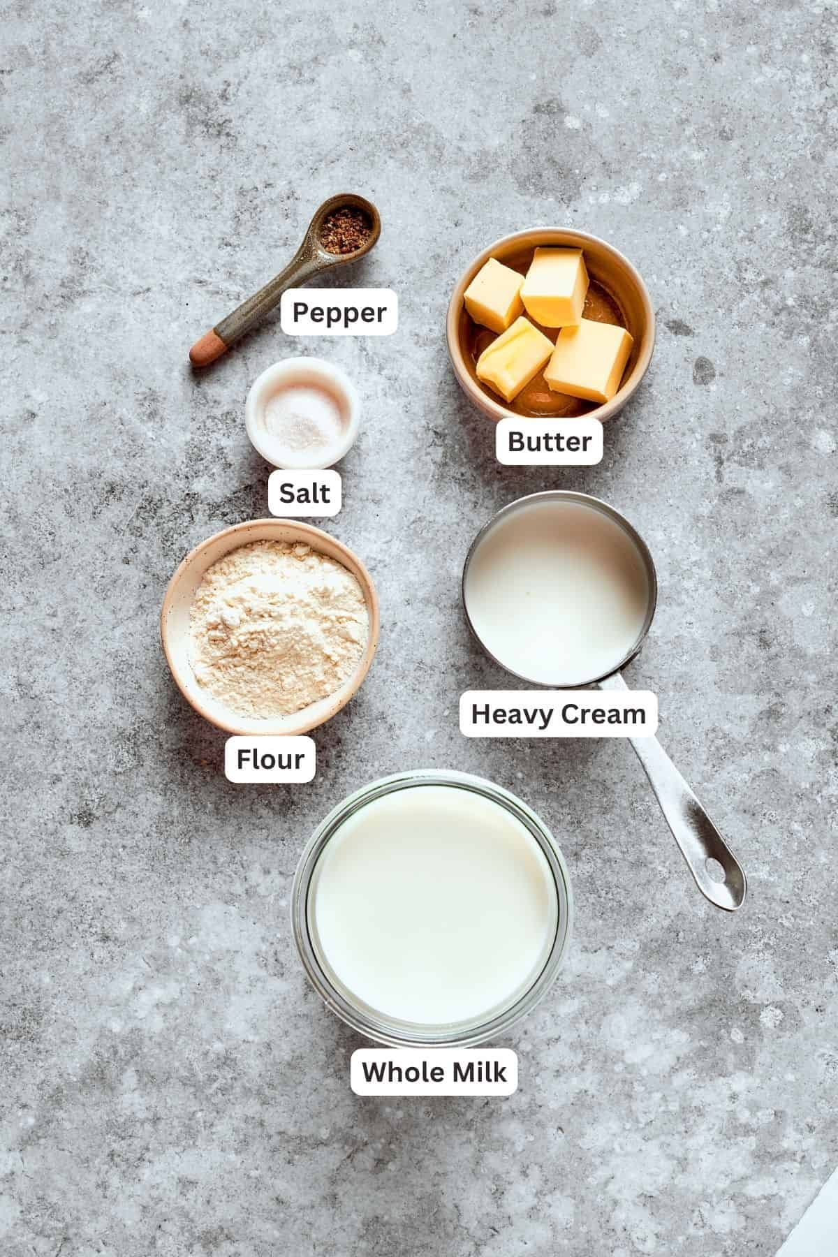 Chicken fried steak gravy ingredients are labeled: flour, heavy cream, milk, butter, salt and pepper.