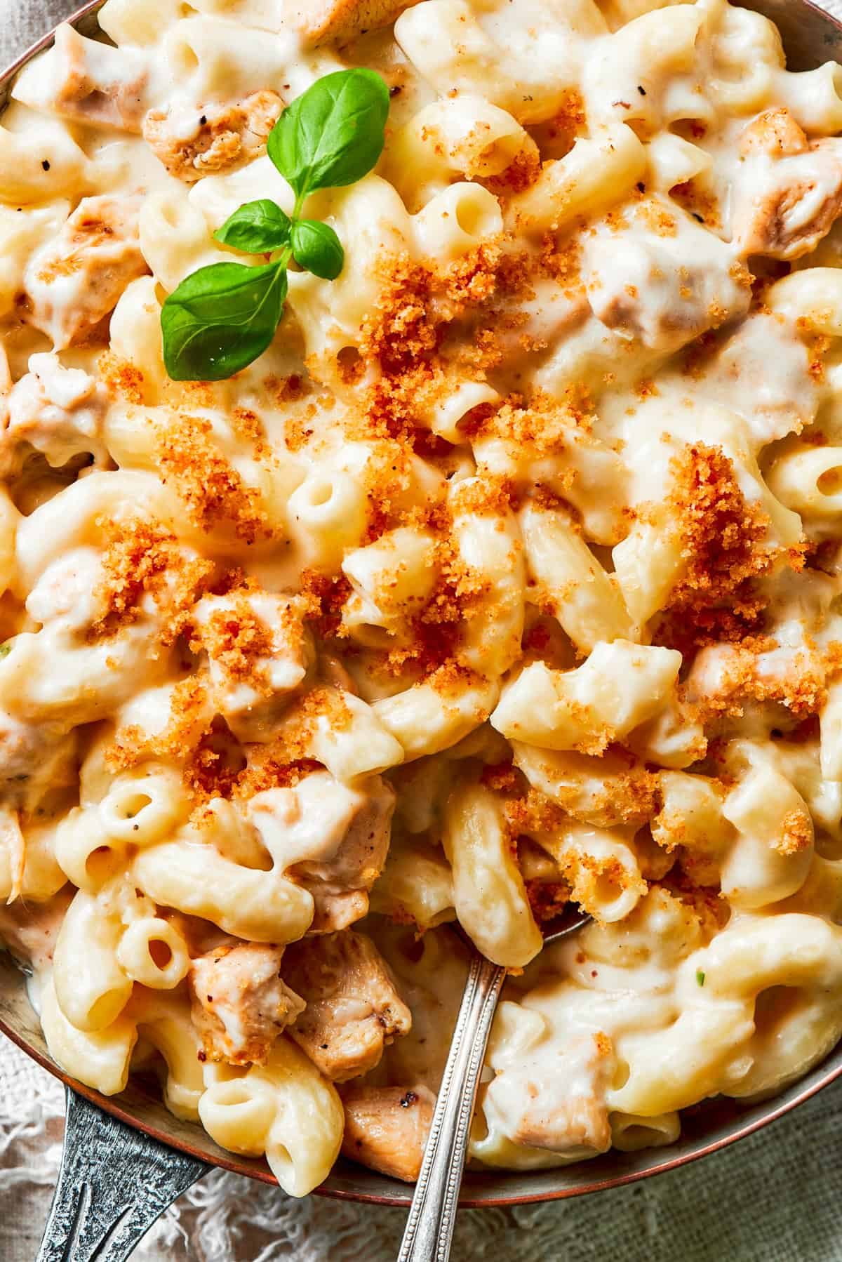 Close-up image of macaroni and cheese in a bowl, with a spoon stirring through it.
