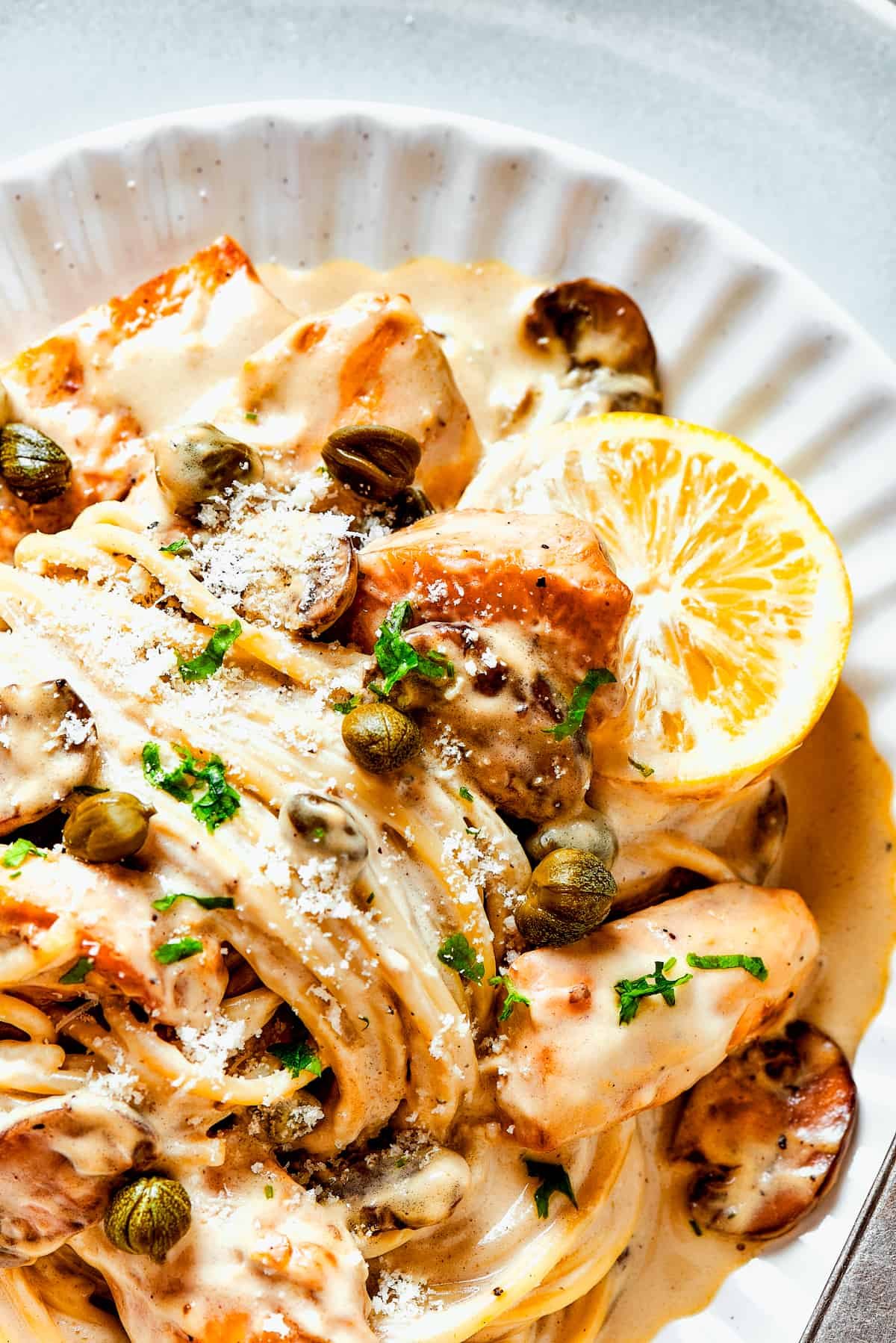 A plate of homemade chicken piccata.