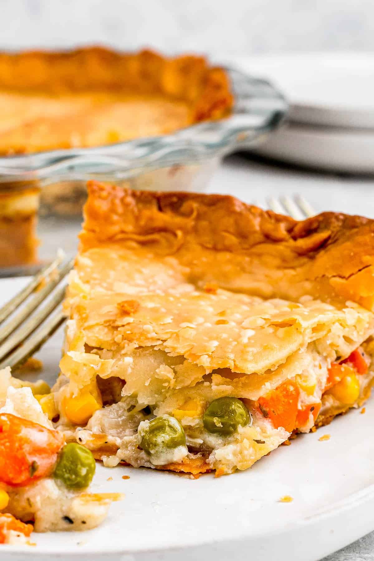 A slice of chicken pot pie on a plate