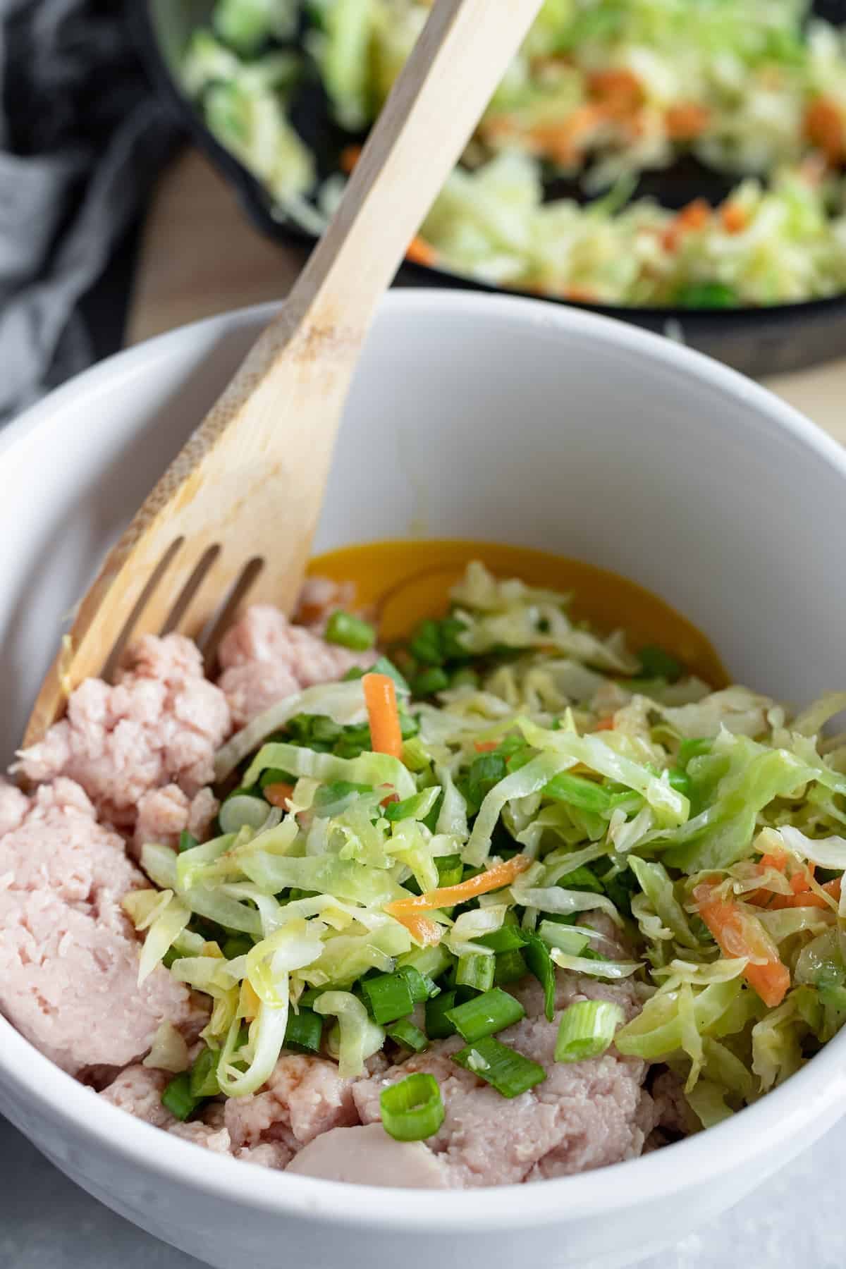 Cooked Cabbage Coleslaw in a Bowl with the Other Filling Ingredients