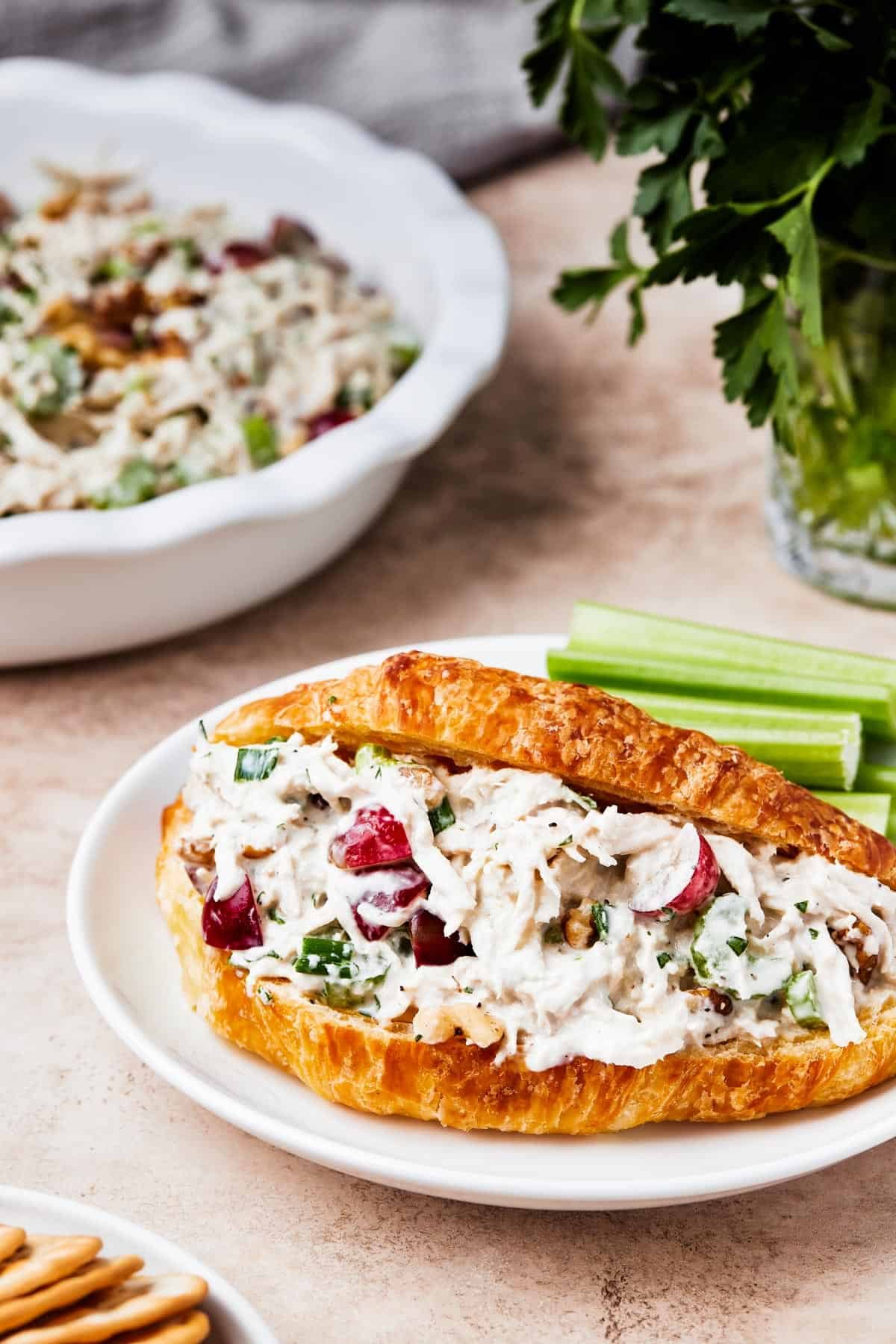 Chicken salad in a split croissant.