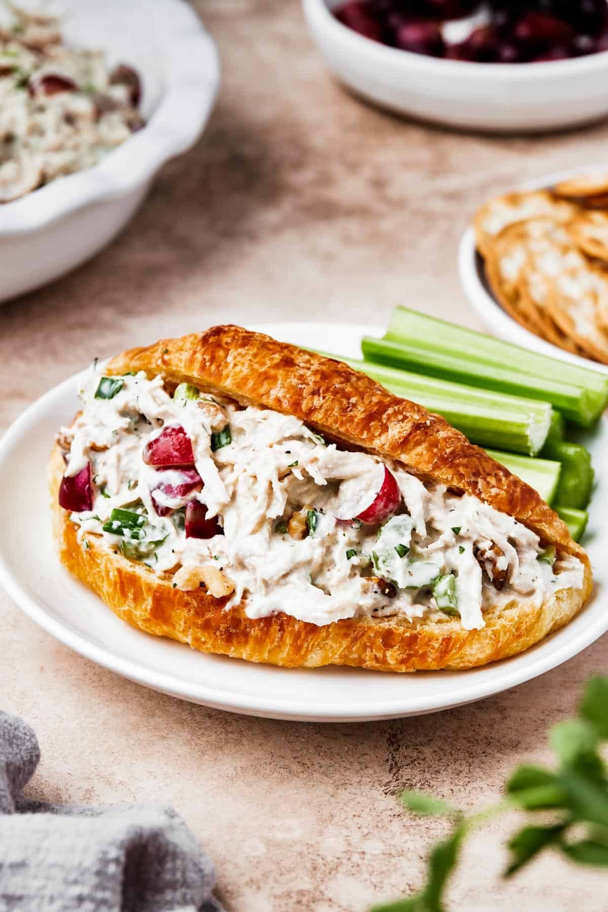Chicken salad in a split croissant.