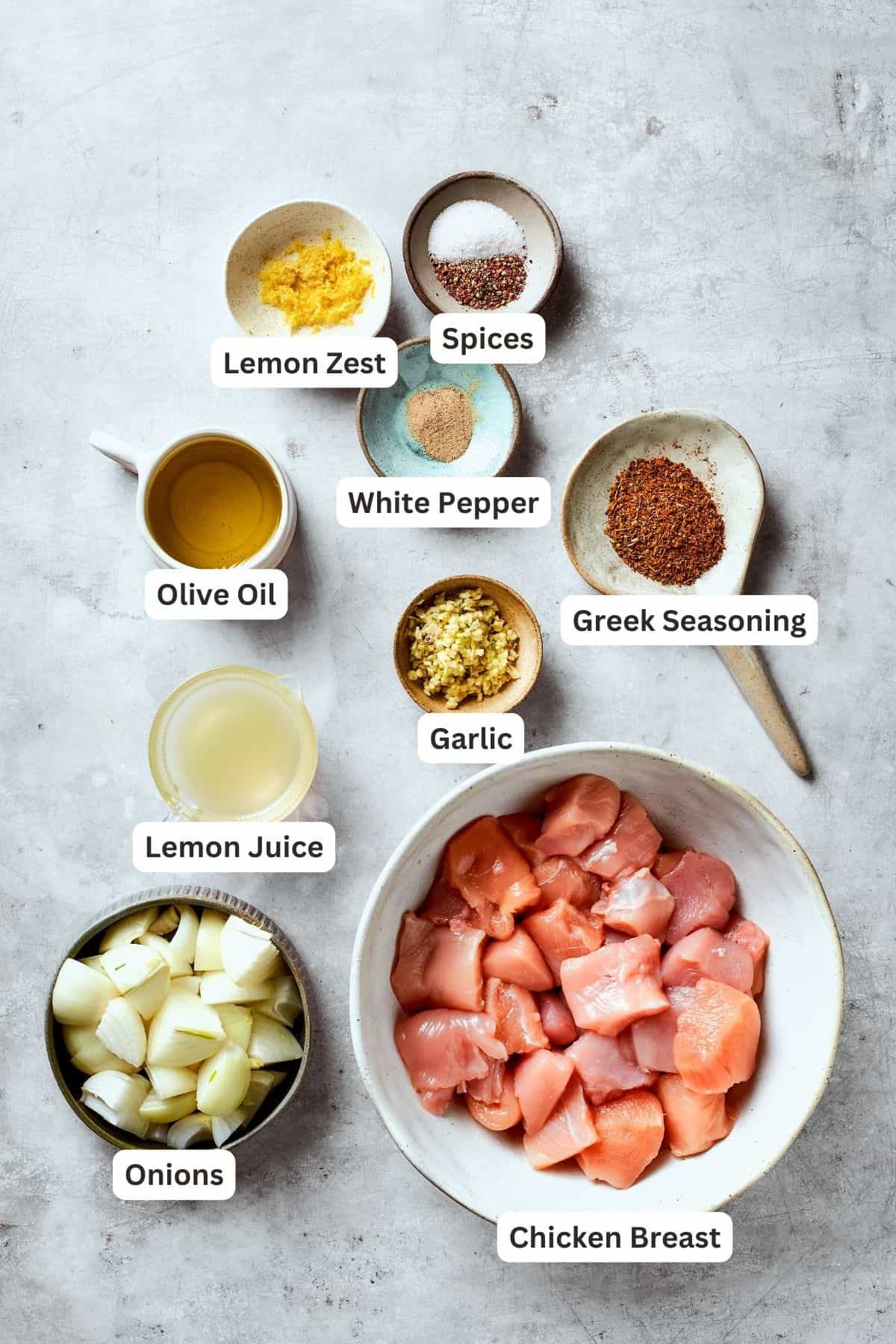 The ingredients for chicken souvlaki are shown portioned out and labeled: chicken, lemon, olive oil, salt and pepper, Greek seasoning, garlic.