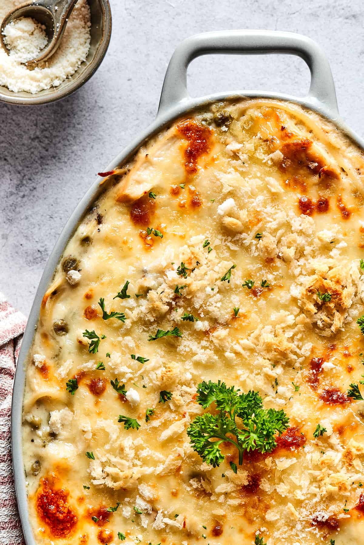 A baked chicken pasta casserole.