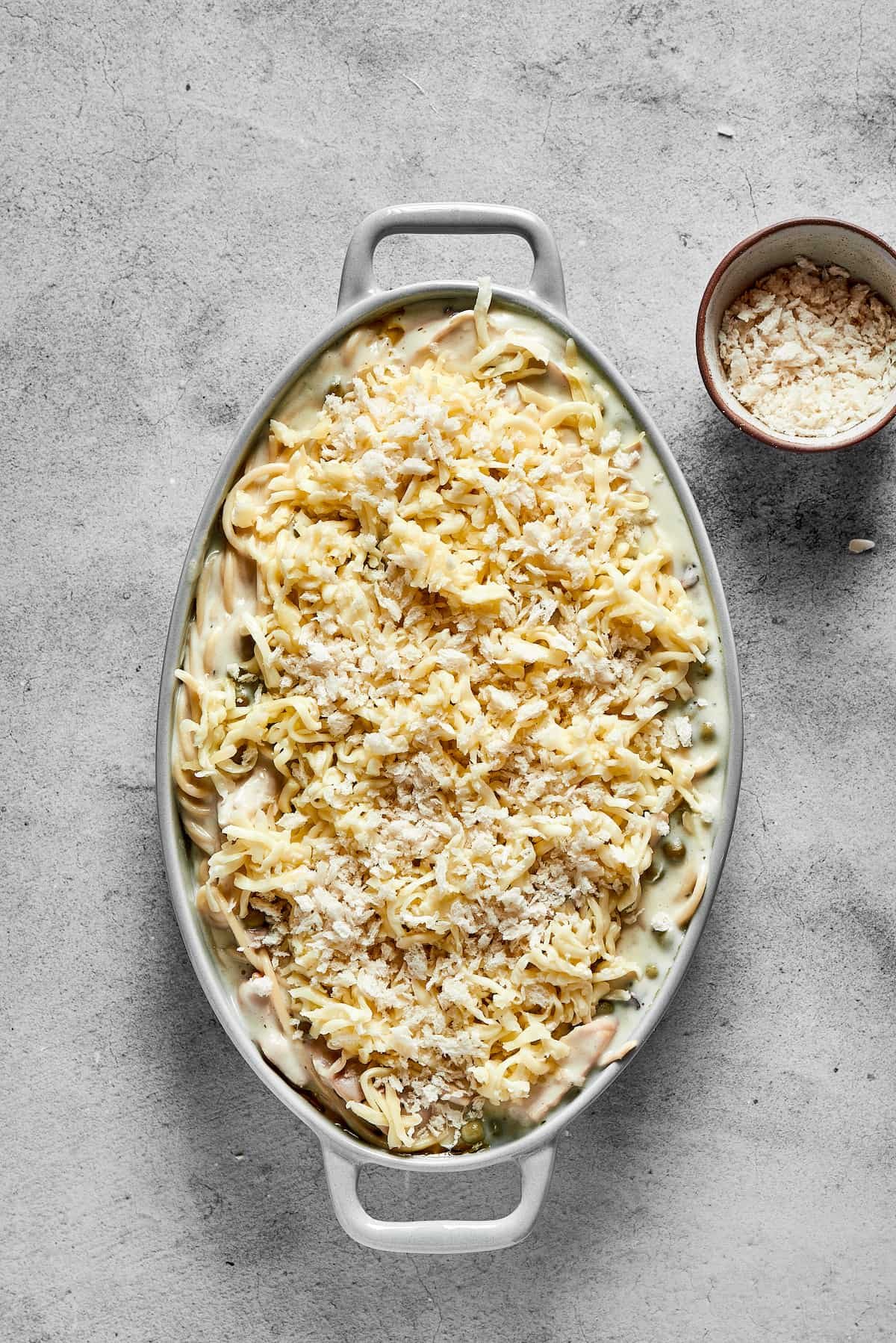 The assembled, unbaked casserole.