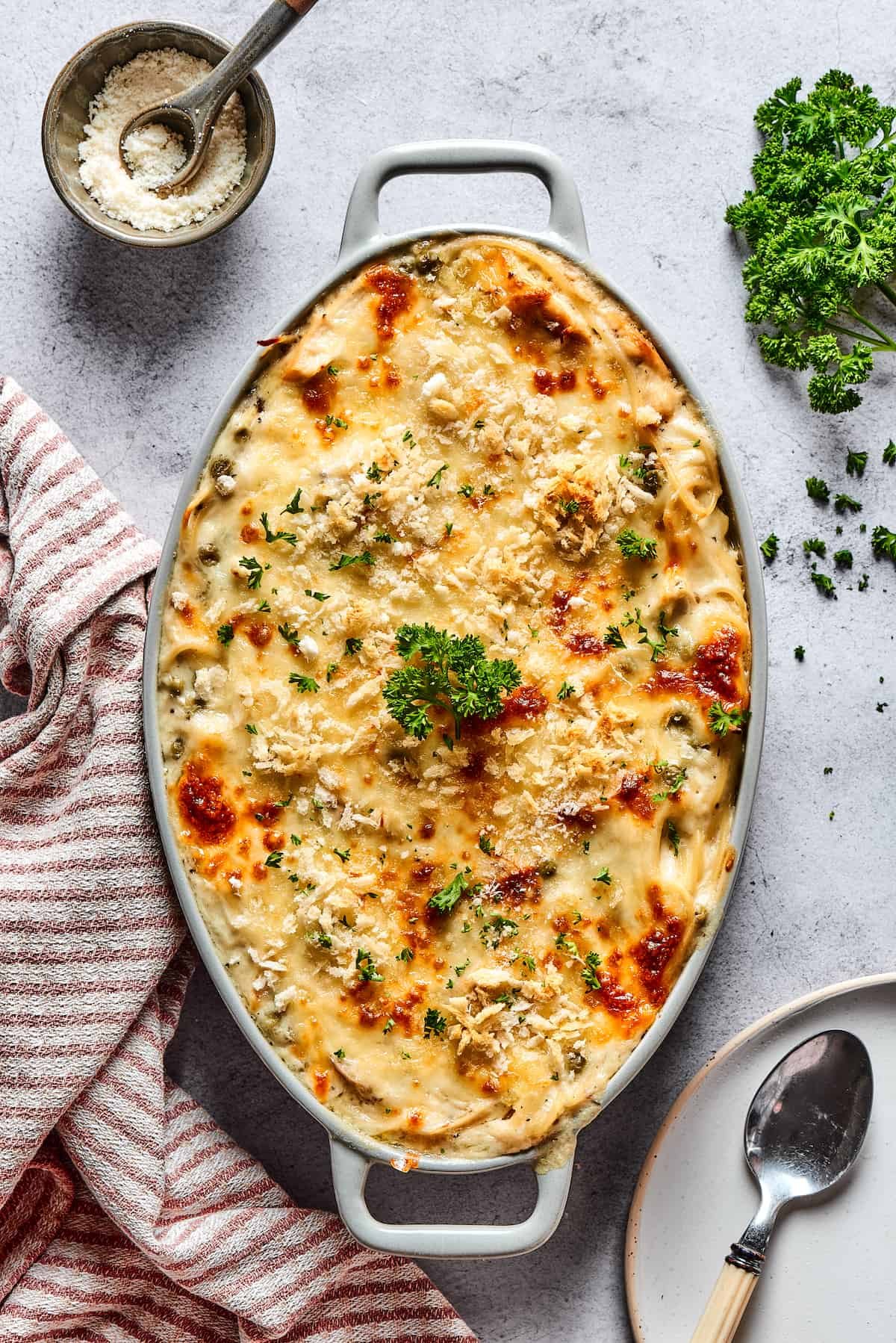 A baked chicken tetrazzini casserole.