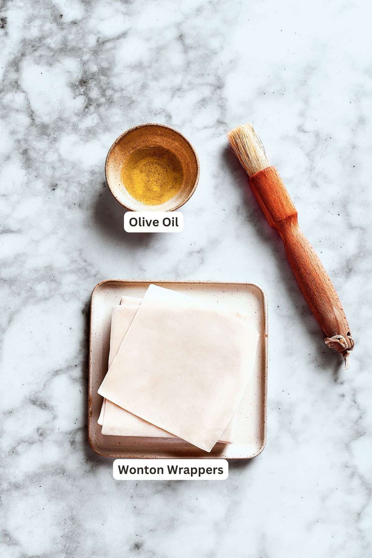 Chicken wonton tacos wrapper ingredients: olive oil, wonton wrappers.