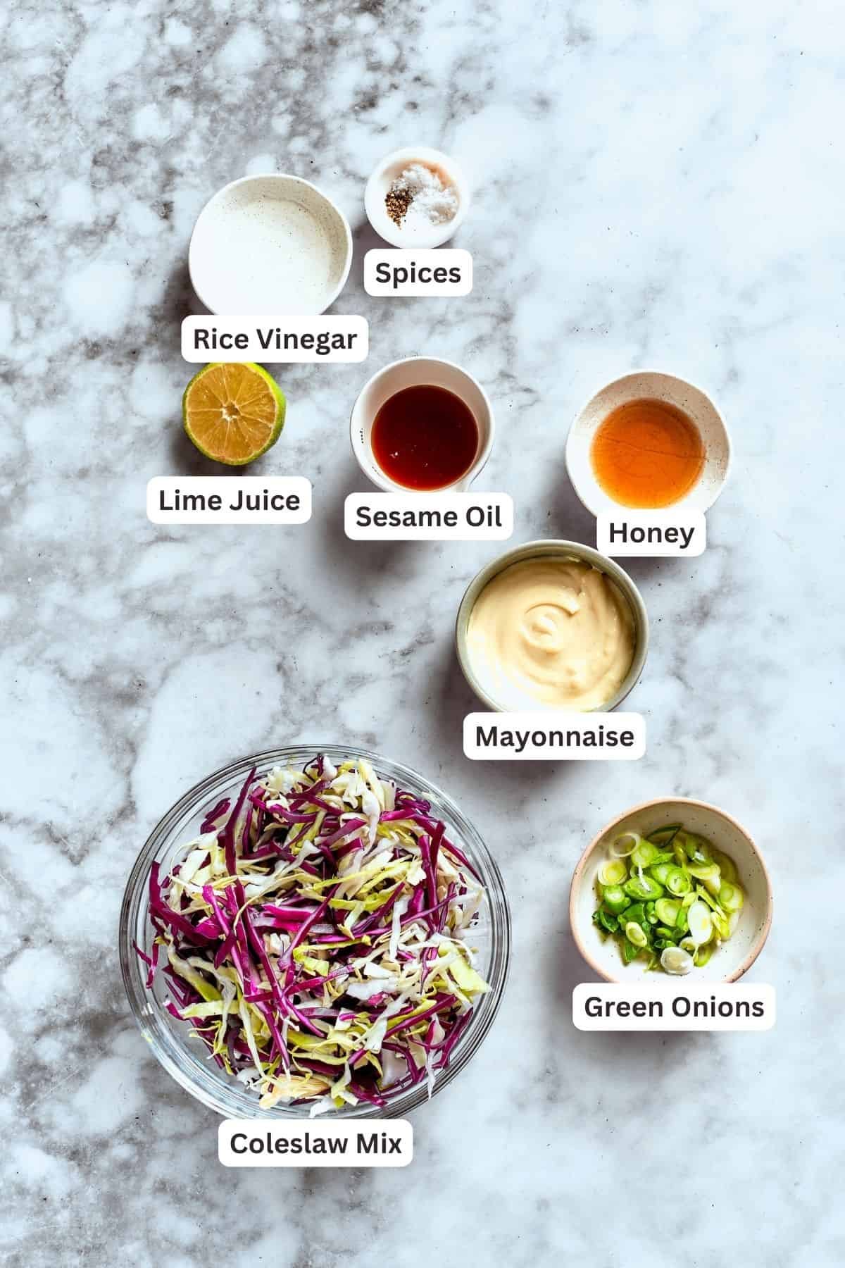 Chicken wonton taco coleslaw ingredients: mayonnaise, rice vinegar, lime juice, spices, green onions, sesame oil, honey, coleslaw mix.