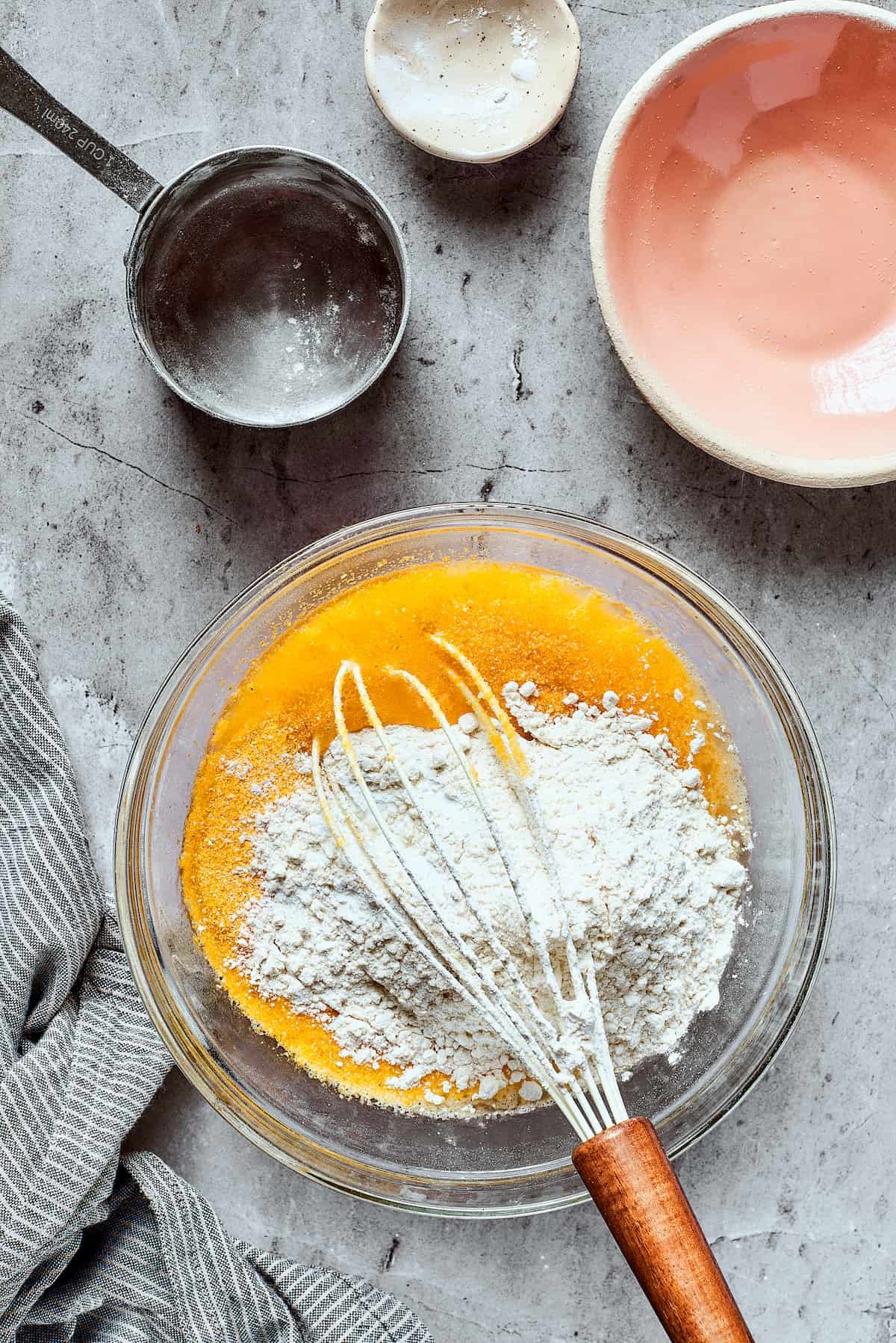 Dry cornbread ingredients added to wet ingredients.