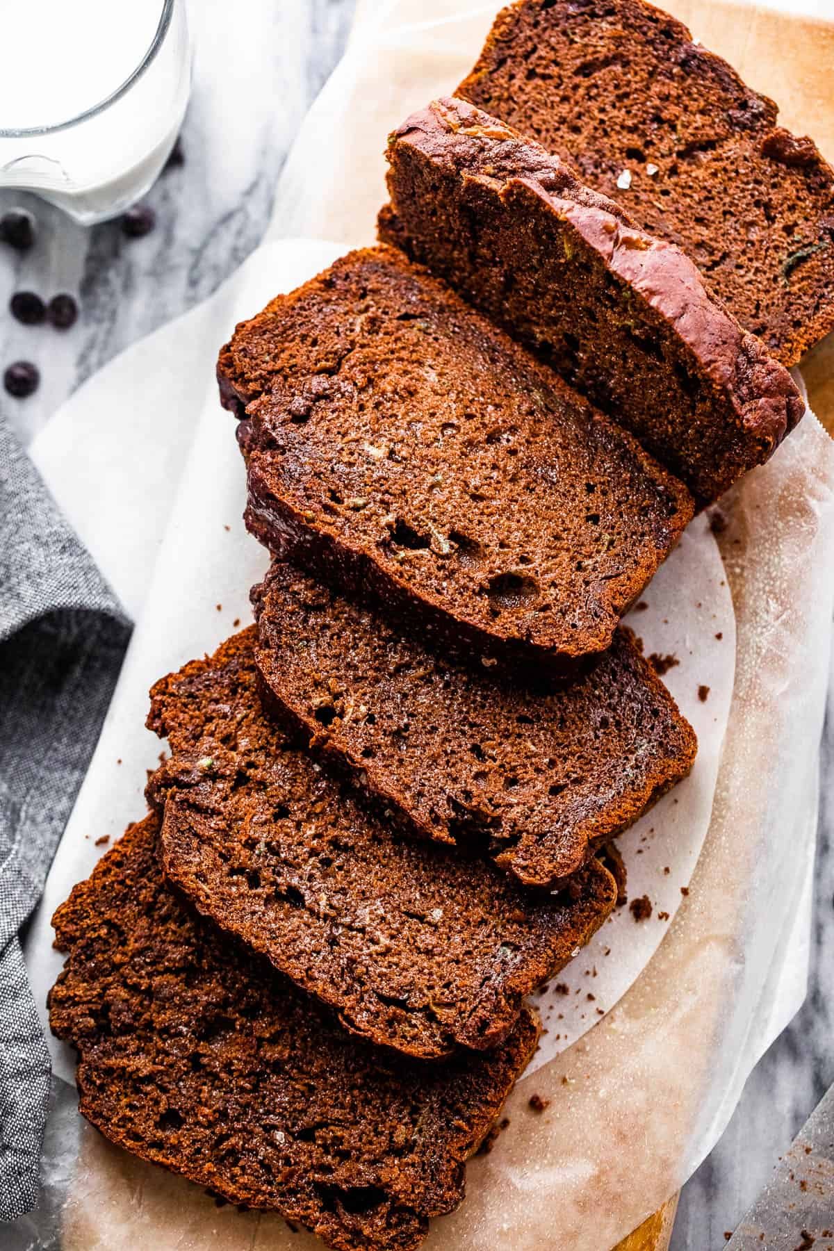 overhead shot of sliced chocolate zucchini bread