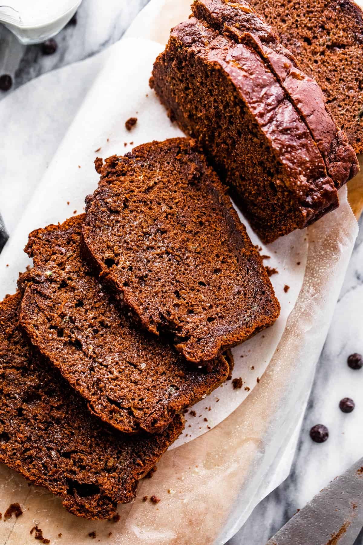 overhead shot of sliced chocolate zucchini bread