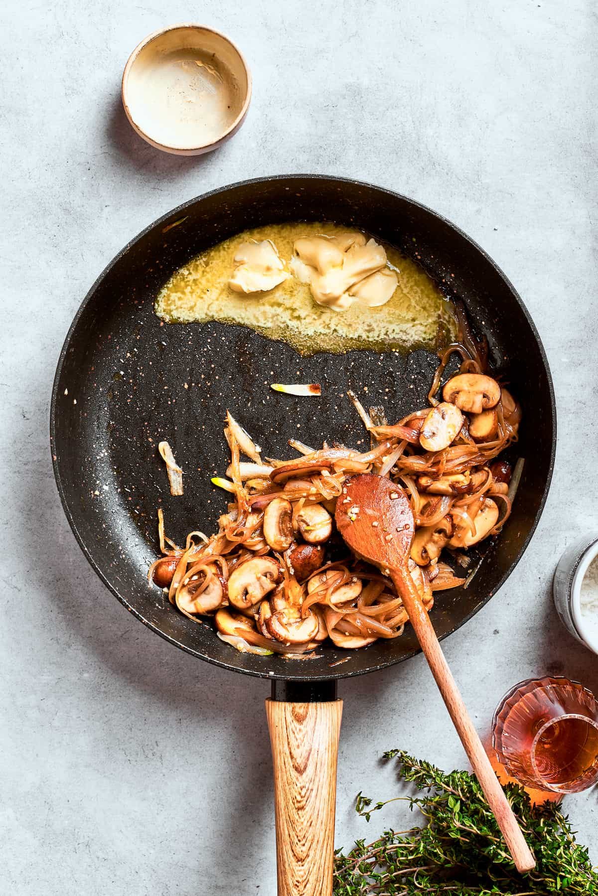 Mushrooms are pushed to the other side.