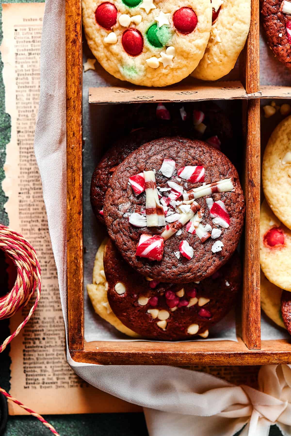 Close-up of chocolate Christmas cake mix cookies, decorated with crushed peppermint.