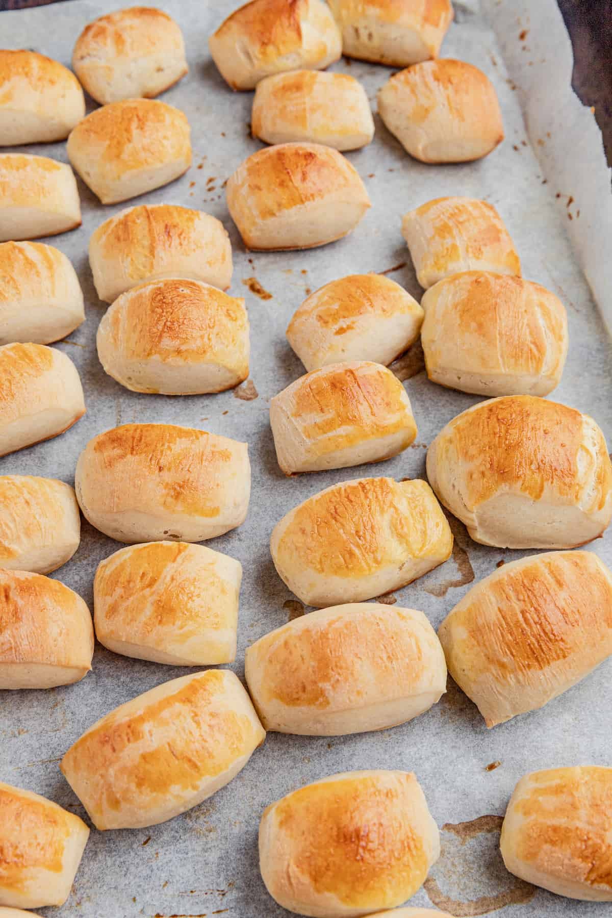 Baked pretzel bites on a baking sheet