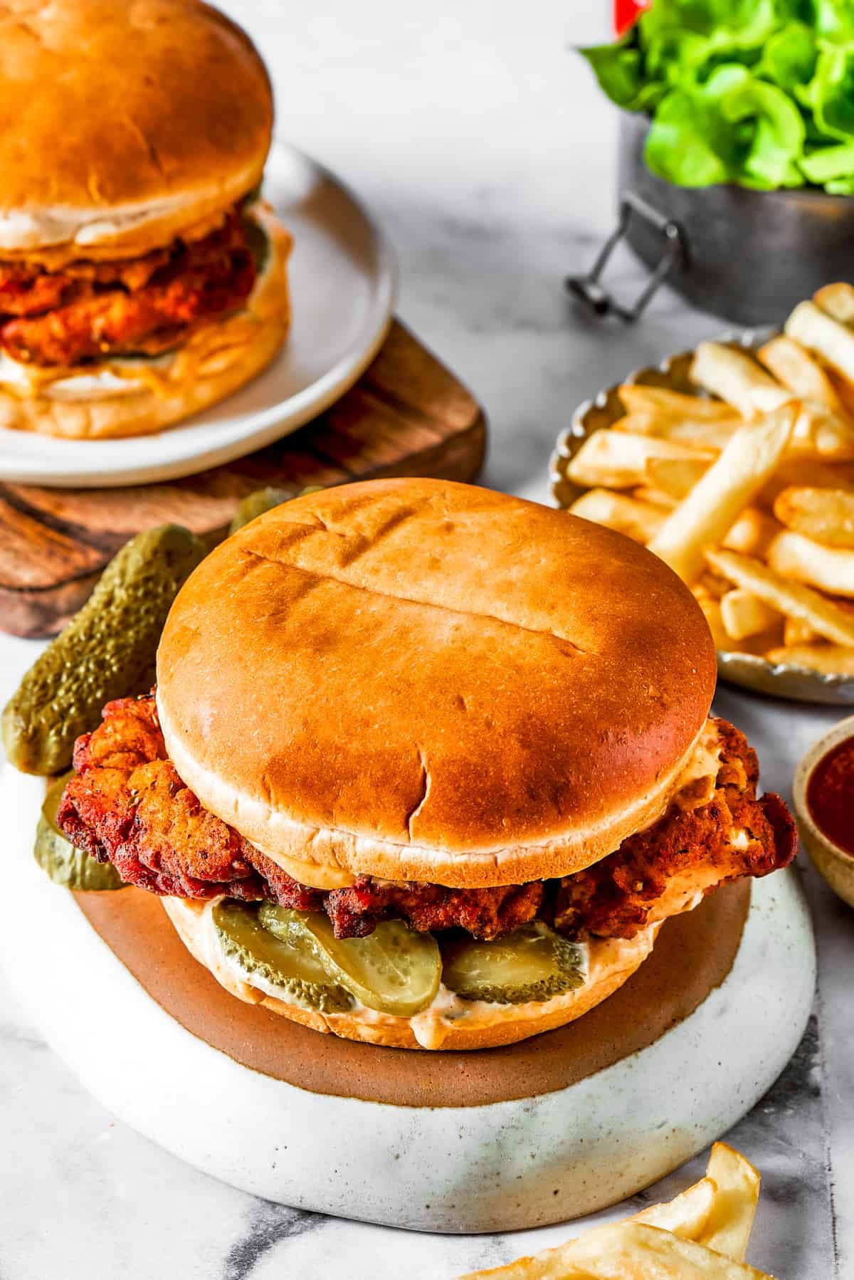 A chicken sandwich on a soft bun.
