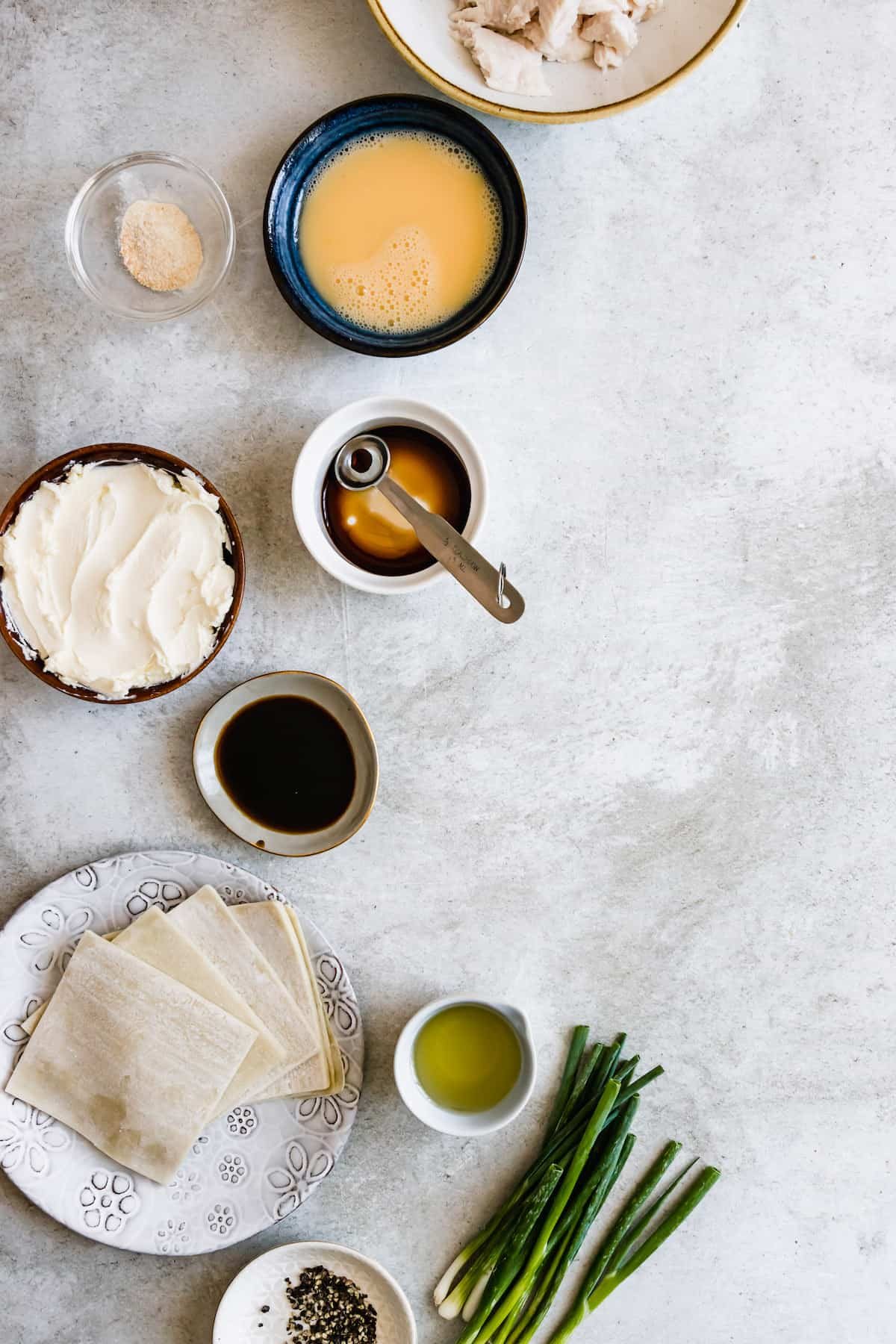 Wonton wrappers, scallions, and sauce ingredients.