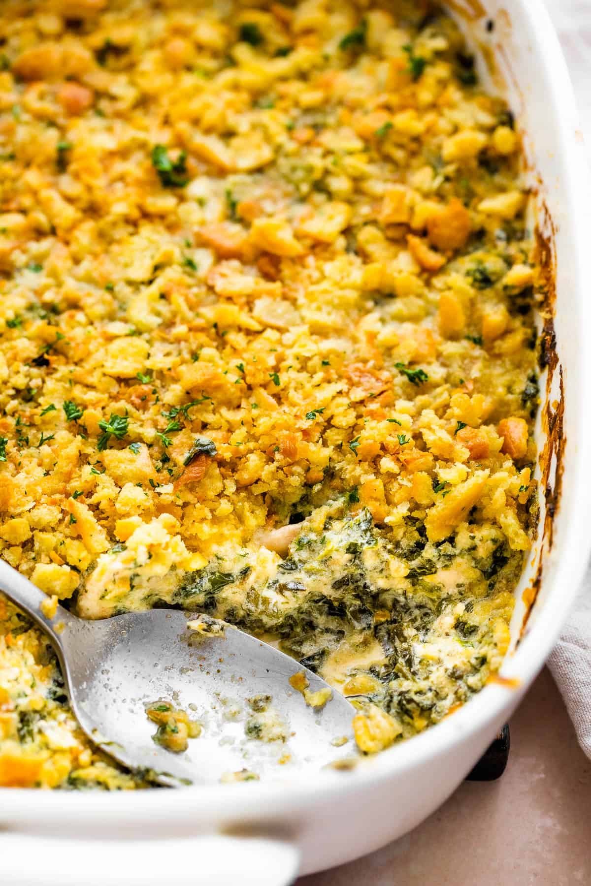 creamy chicken casserole topped with buttery ritz crackers