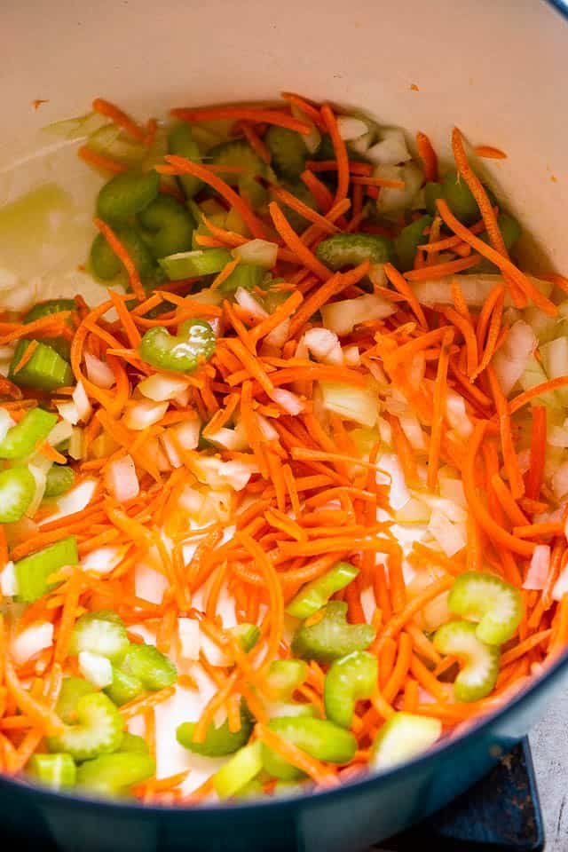 sauteeing vegetables in soup pot