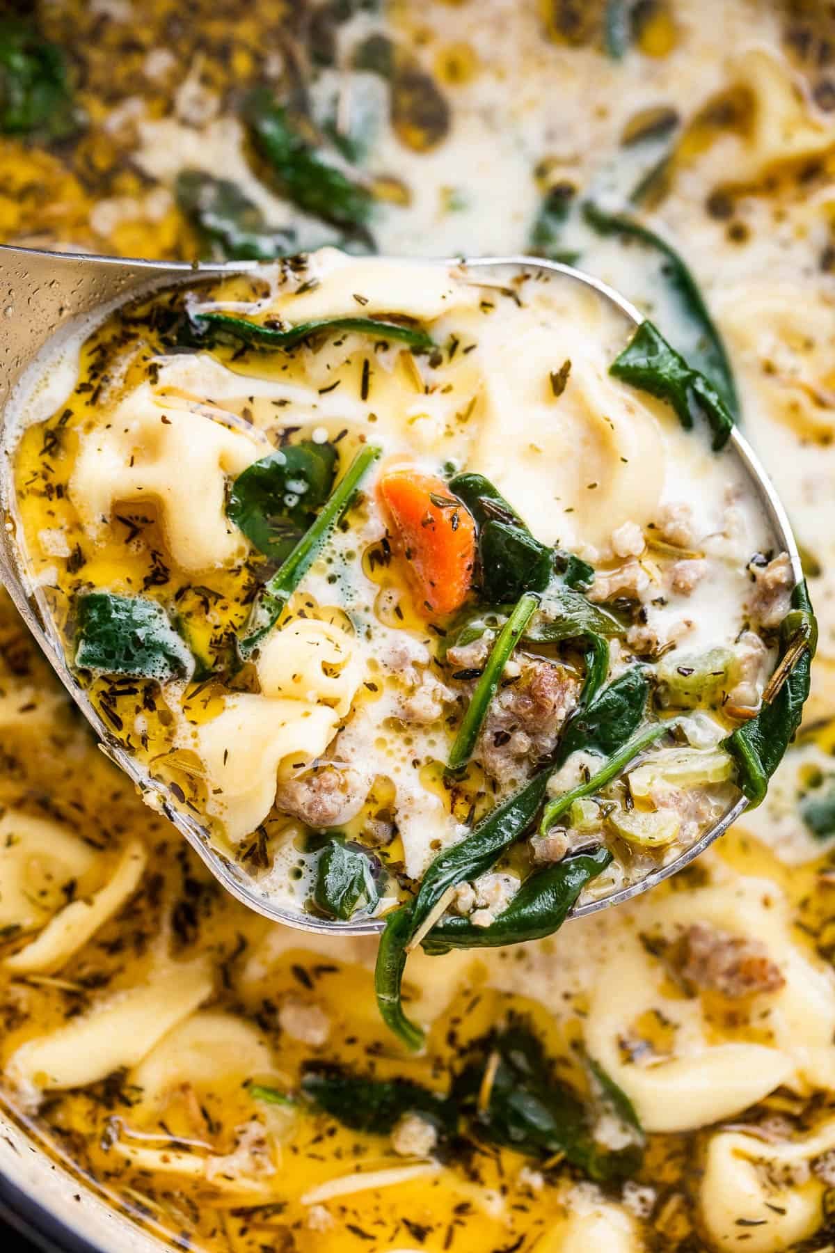 close up photo of tortellini soup in a ladle