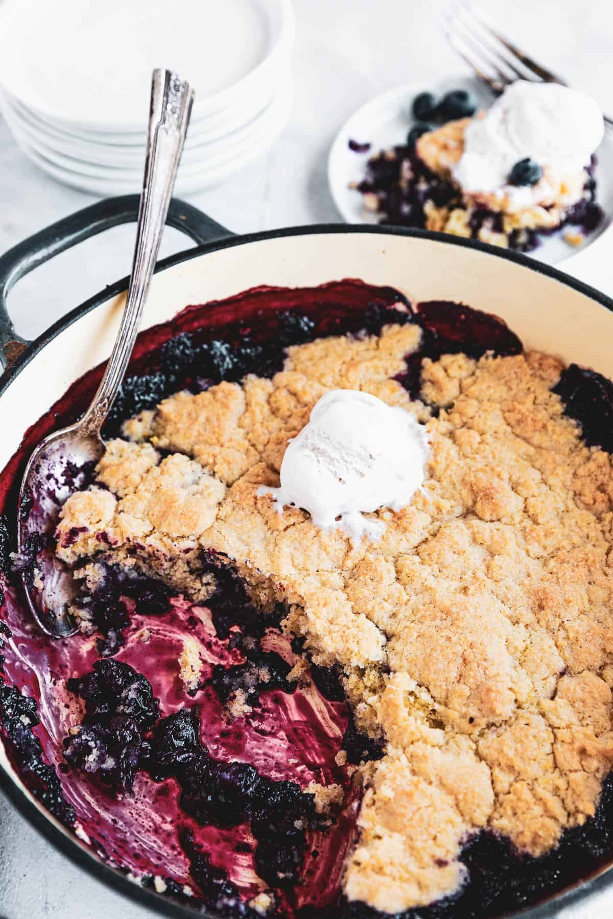Blueberry Rhubarb Cobbler in a baking dish
