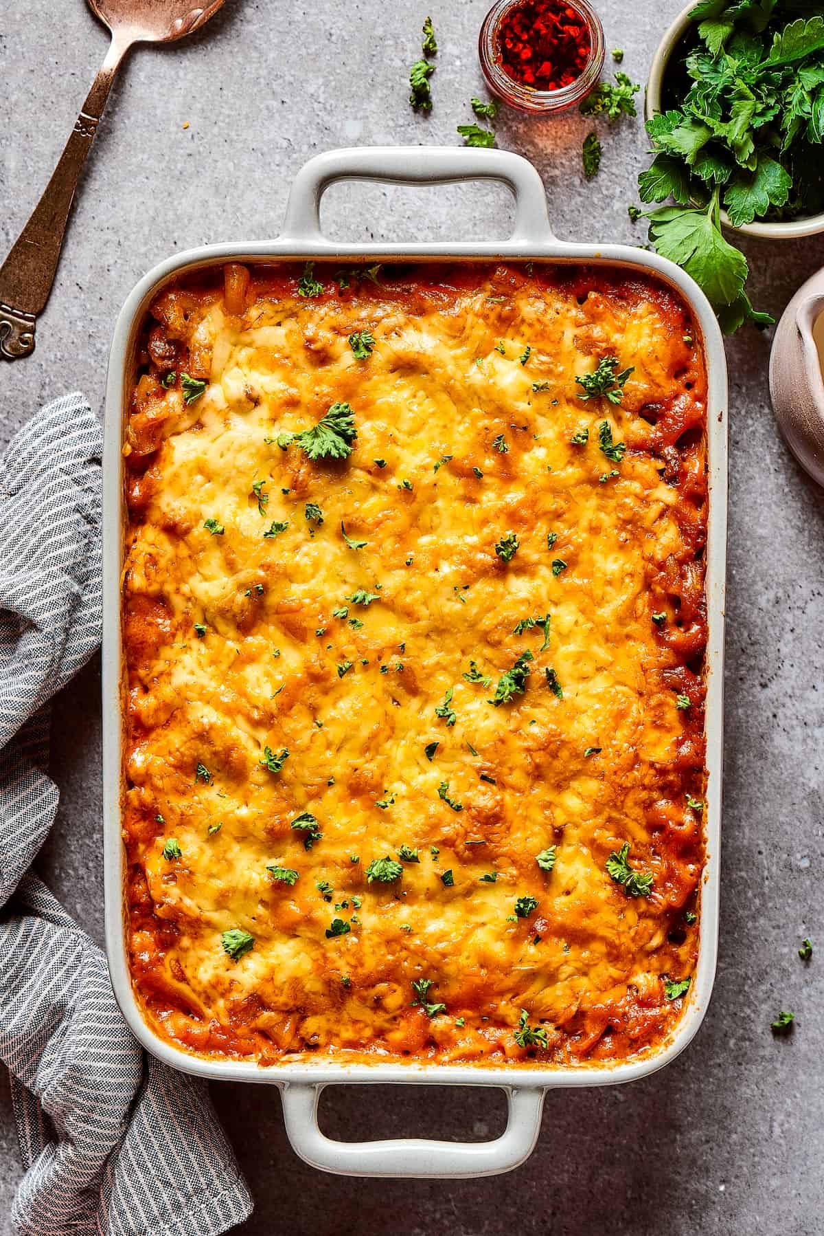 Baked cheeseburger casserole.