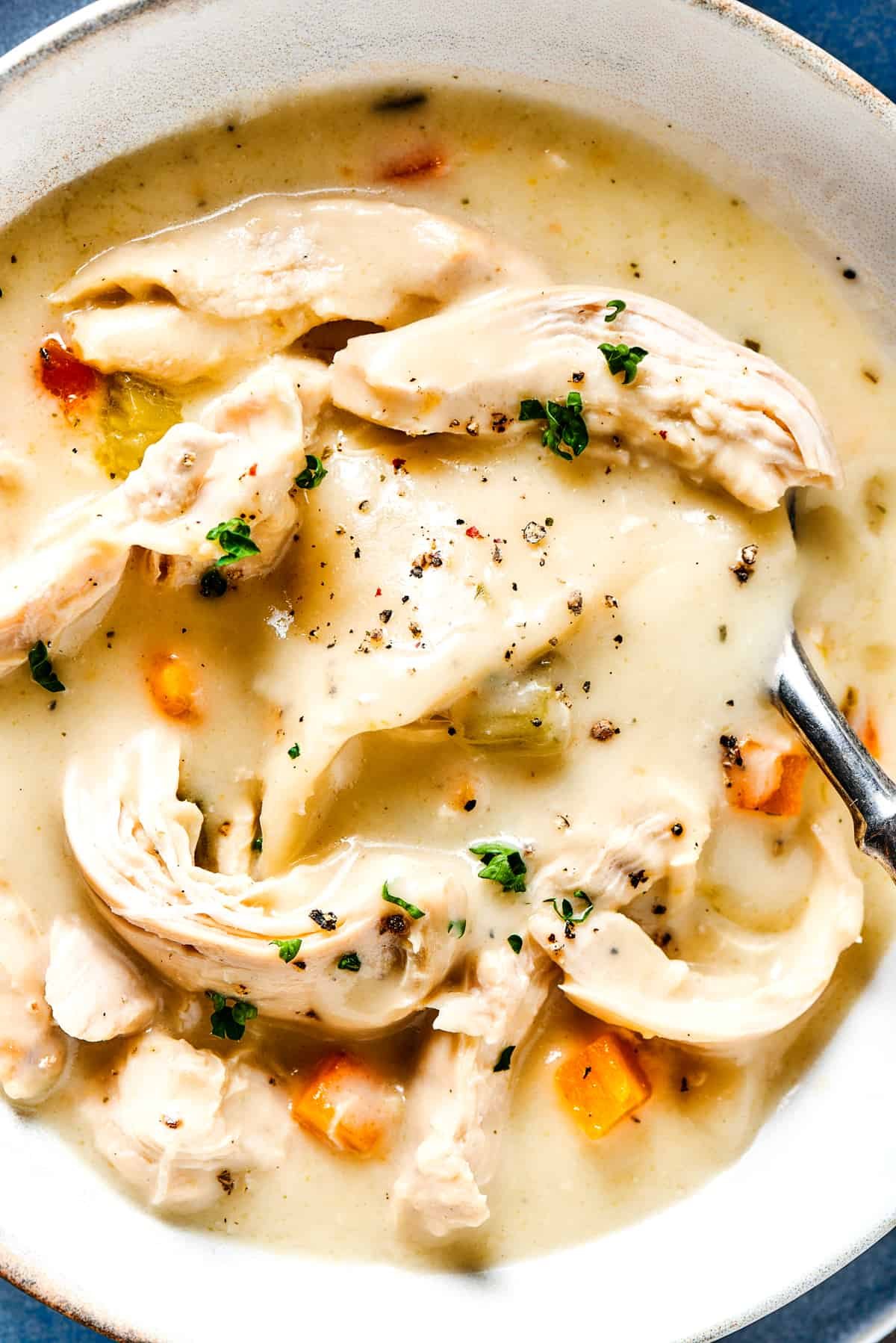 Stirring a bowl of chicken and dumplings with a spoon.